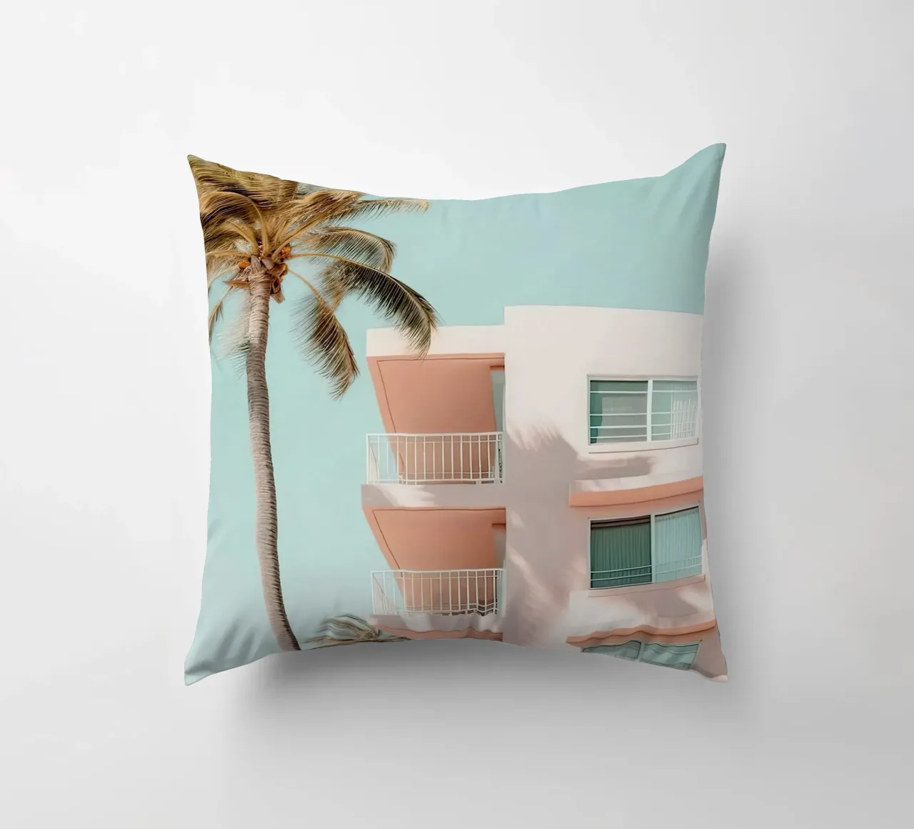 Pastel Pink Building With Palms Summer cuscino da Leonard Barreiro