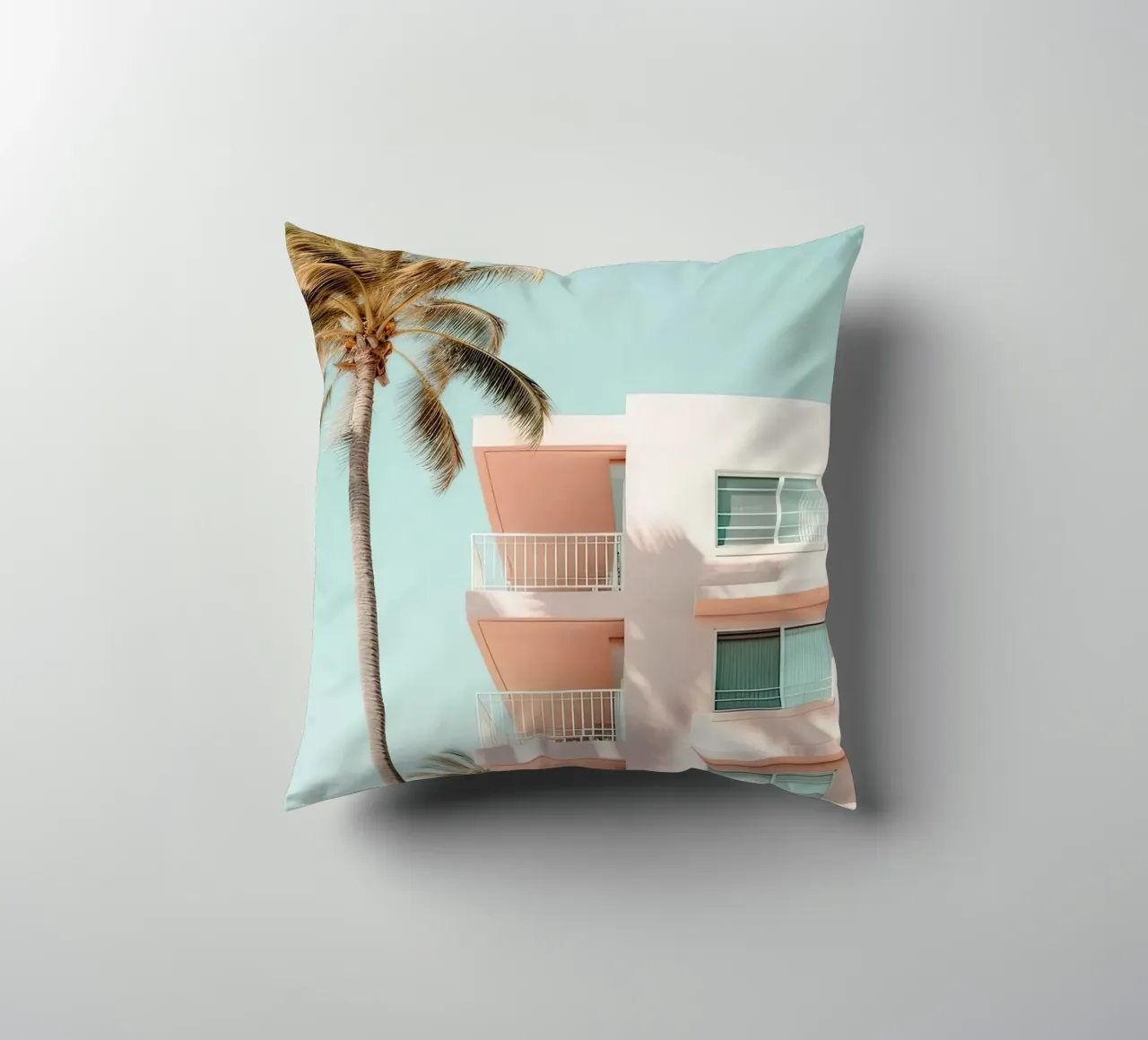 Pastel Pink Building With Palms Summer cuscino da Leonard Barreiro