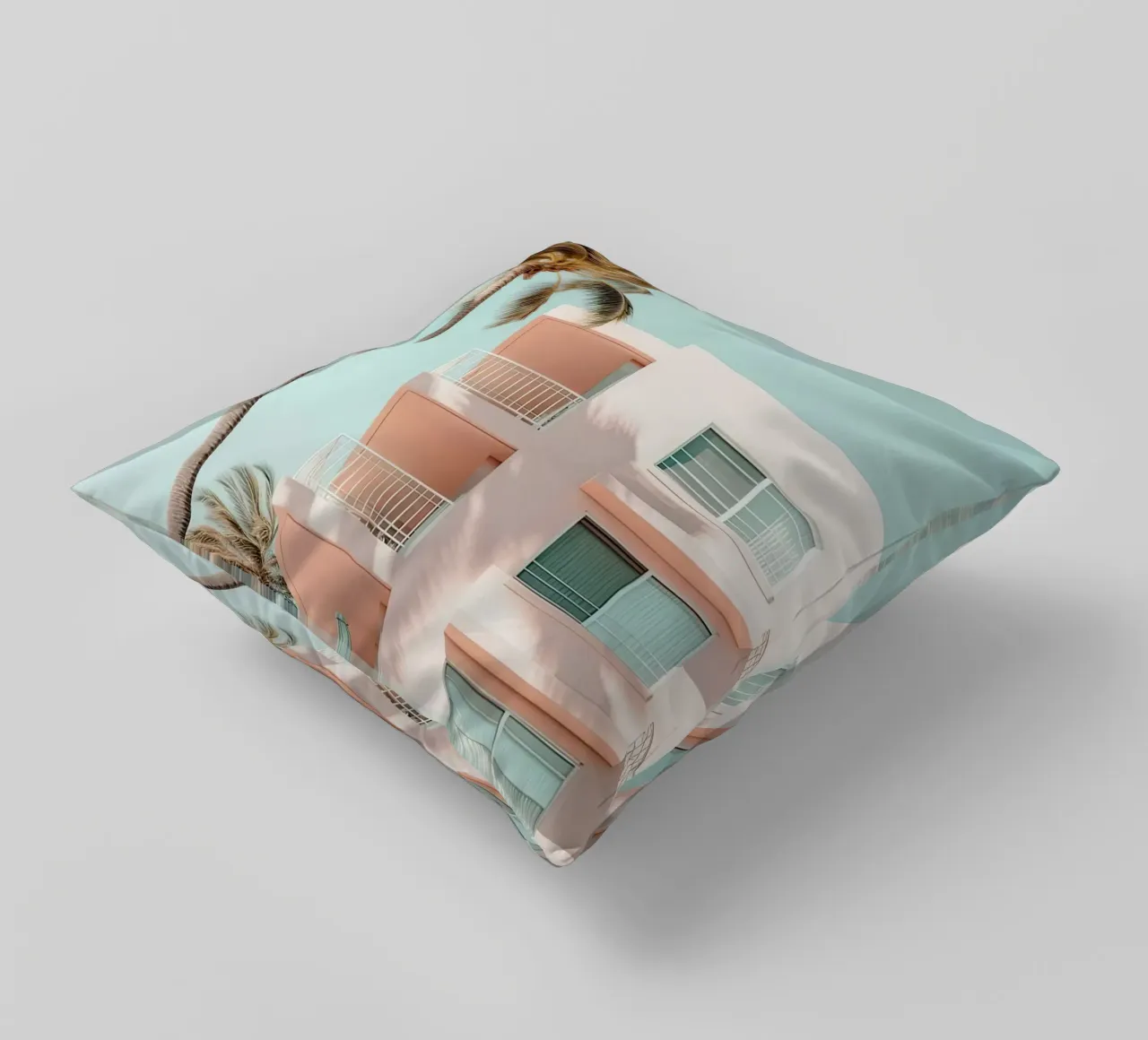 Pastel Pink Building With Palms Summer cuscino da Leonard Barreiro