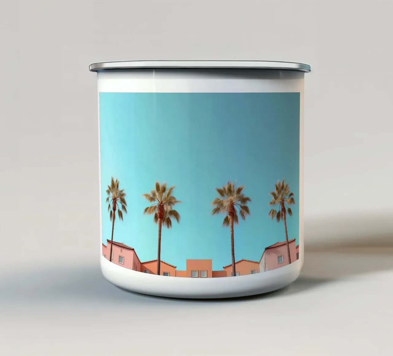Row Of Pastel Color Houses And Palm Tree On The Beach Summer emaille mok van Leonard Barreiro