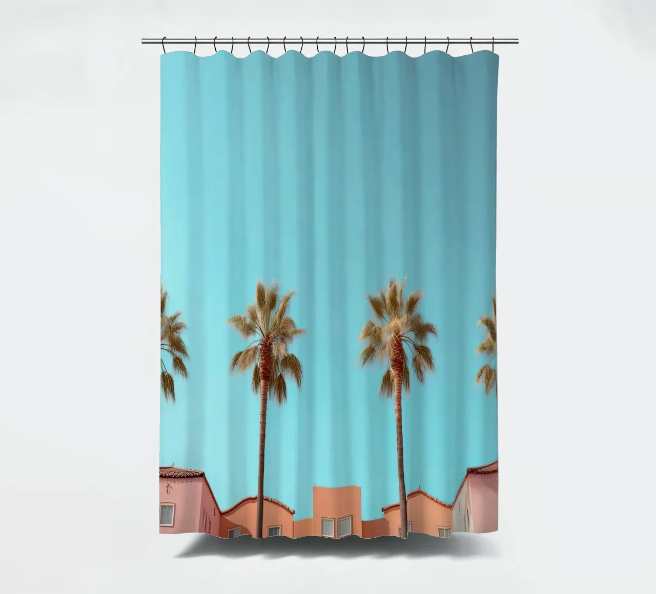 Row Of Pastel Color Houses And Palm Tree On The Beach Summer tenda da doccia da Leonard Barreiro