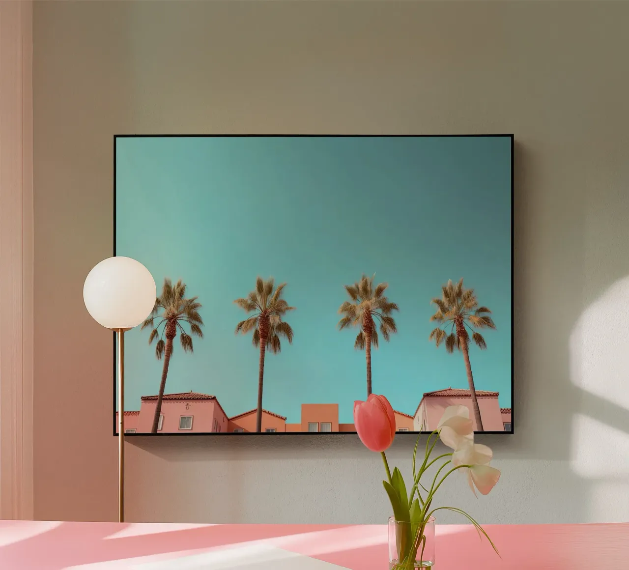 Row Of Pastel Color Houses And Palm Tree On The Beach Summer plexiglass da Leonard Barreiro