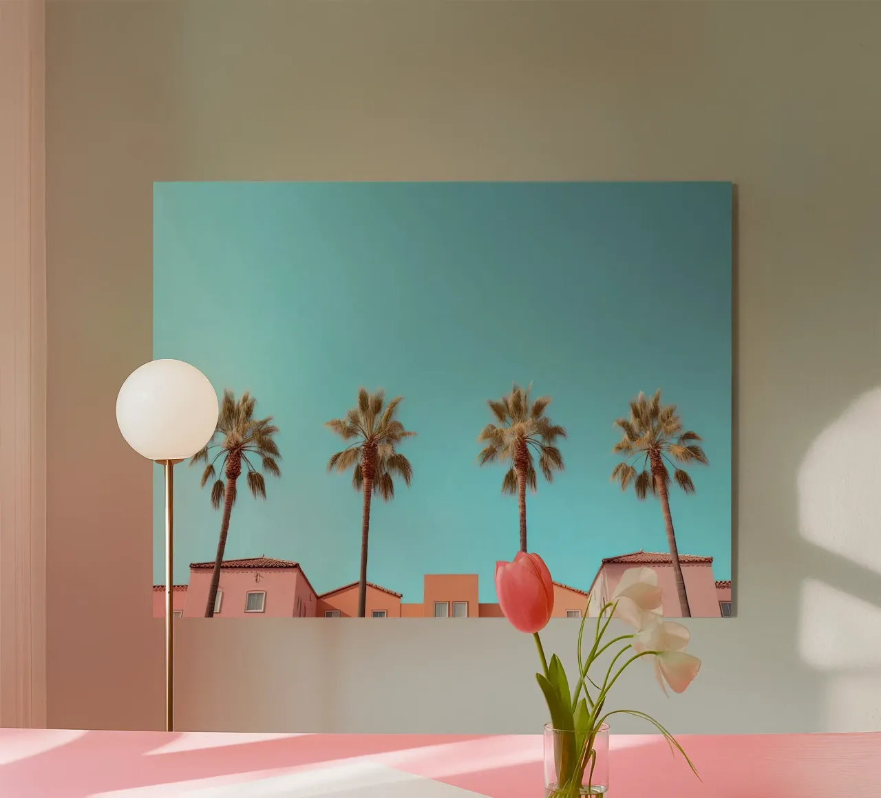 Row Of Pastel Color Houses And Palm Tree On The Beach Summer plexiglass da Leonard Barreiro