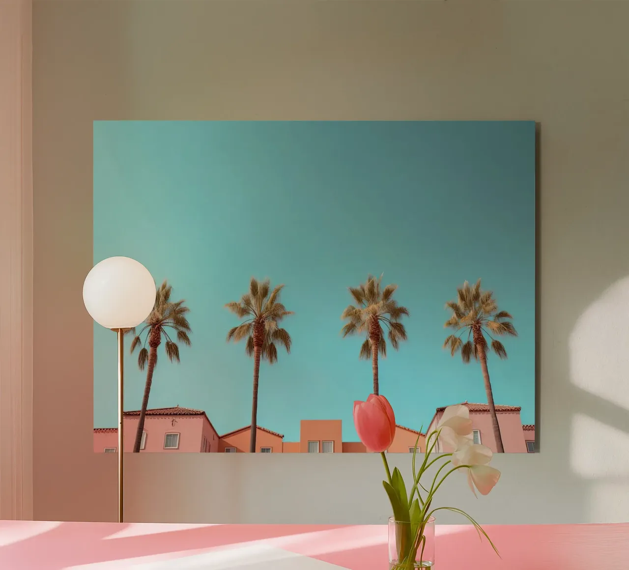Row Of Pastel Color Houses And Palm Tree On The Beach Summer alluminio dibond da Leonard Barreiro