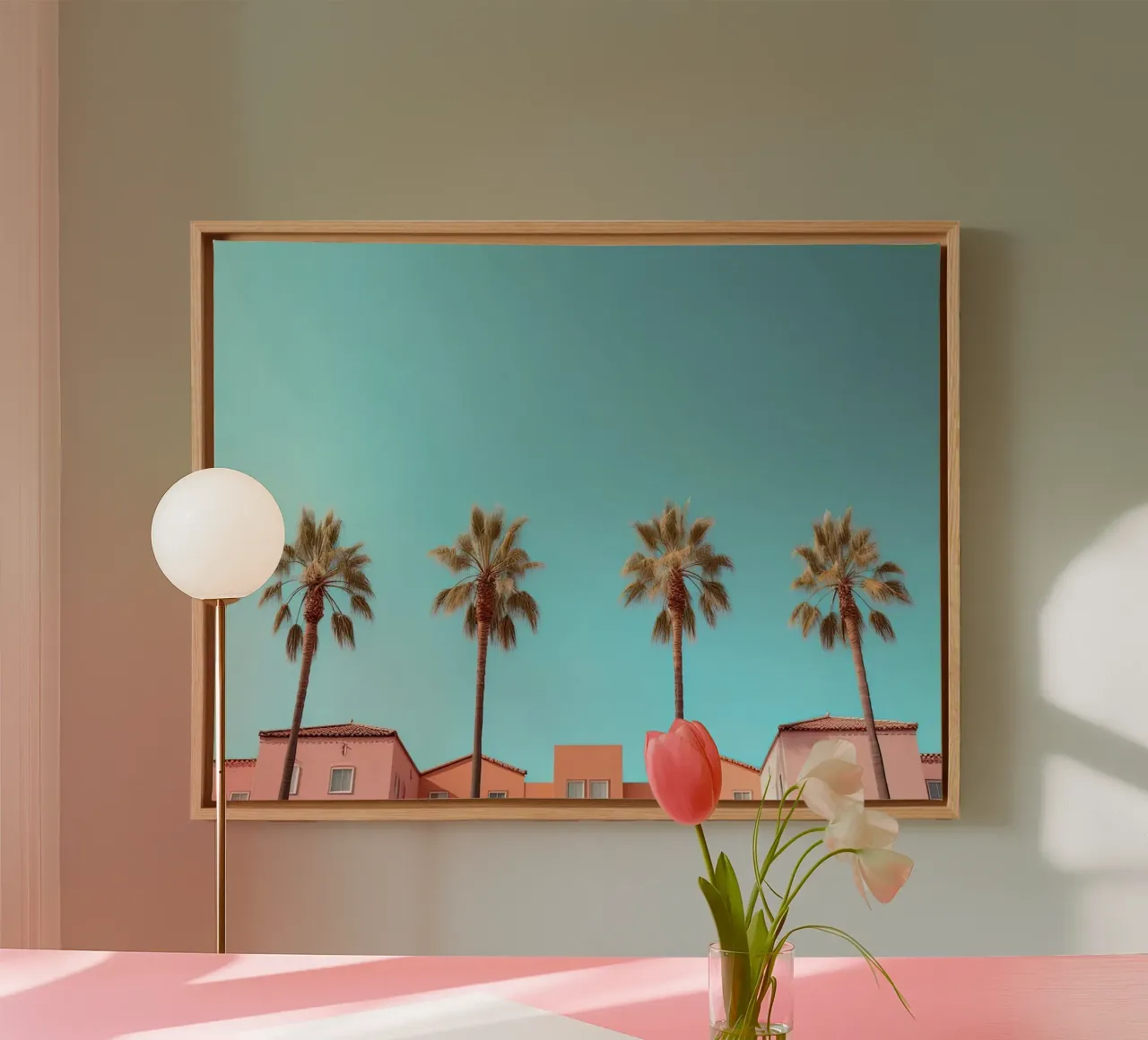 Row Of Pastel Color Houses And Palm Tree On The Beach Summer tela da Leonard Barreiro