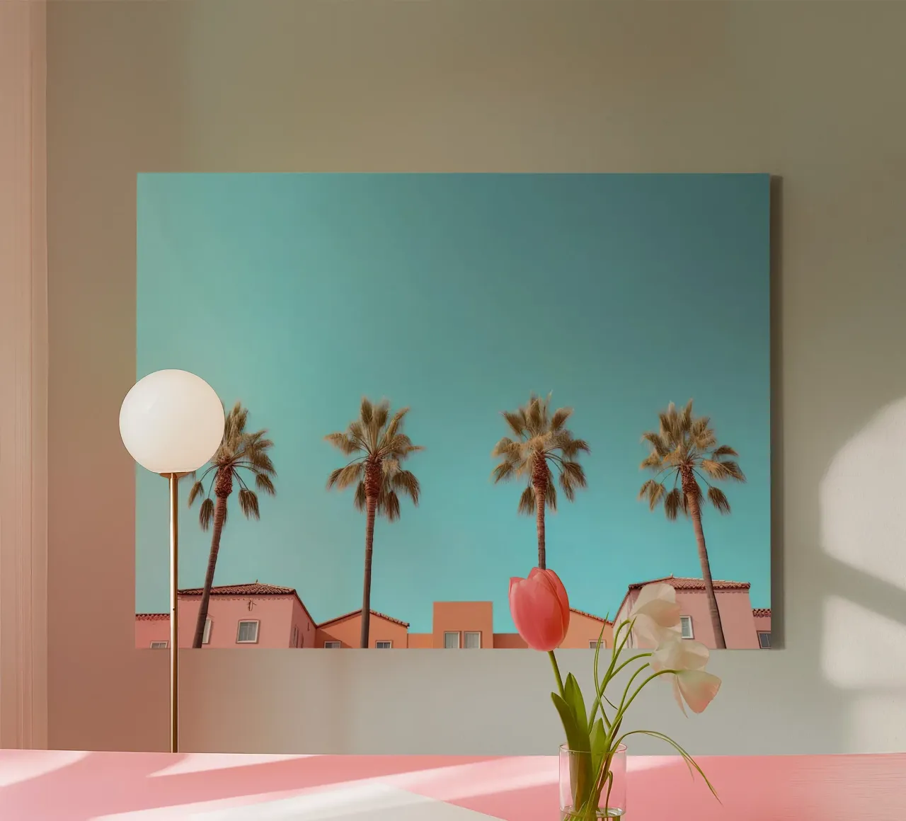 Row Of Pastel Color Houses And Palm Tree On The Beach Summer tela da Leonard Barreiro