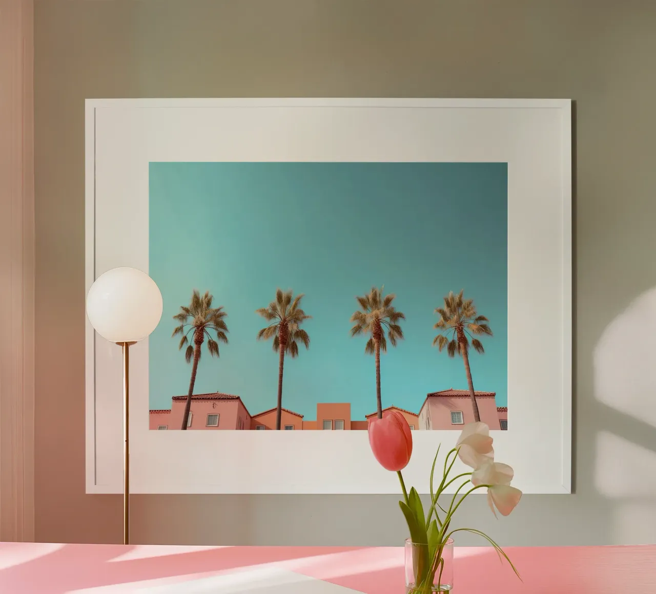 Row Of Pastel Color Houses And Palm Tree On The Beach Summer carta hahnemühle da Leonard Barreiro