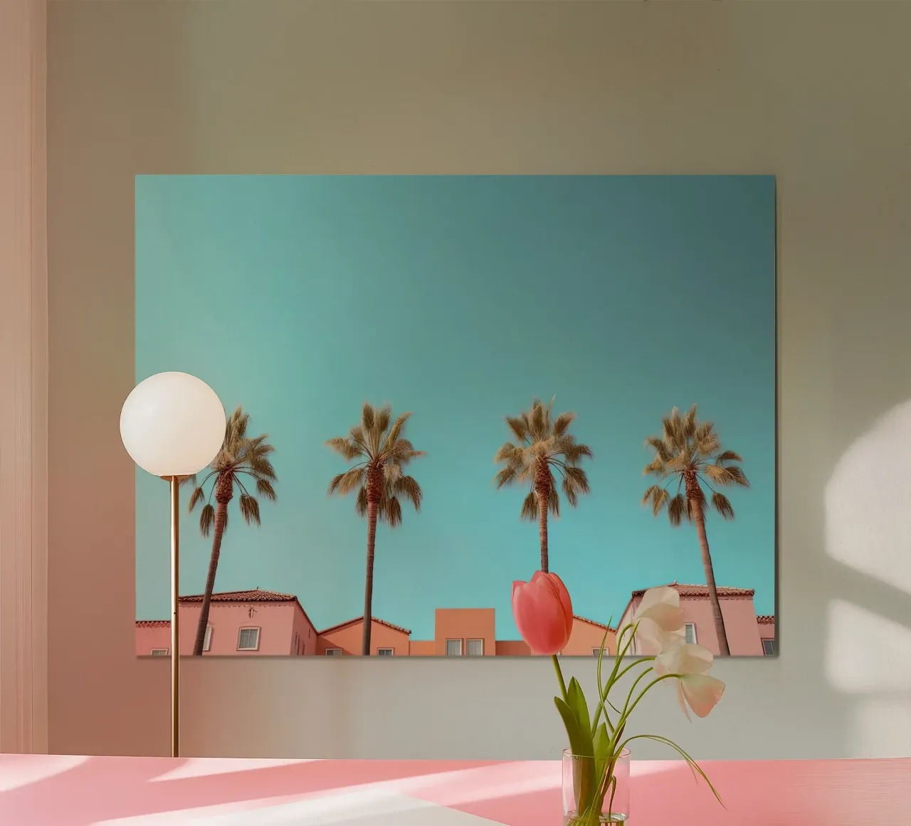 Row Of Pastel Color Houses And Palm Tree On The Beach Summer carta hahnemühle da Leonard Barreiro