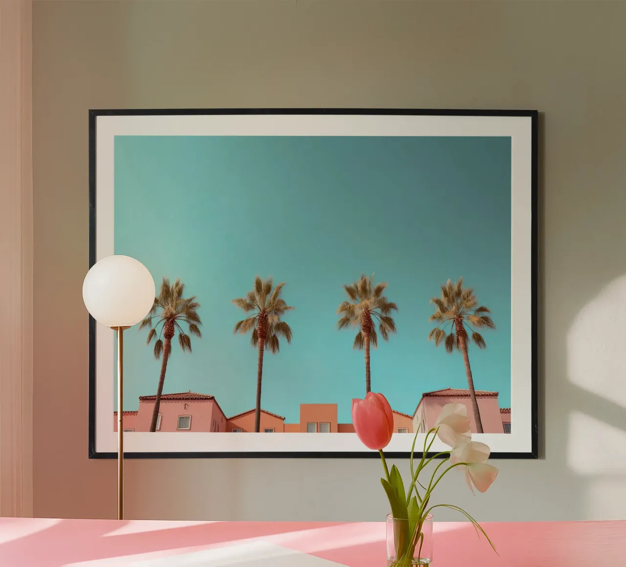 Row Of Pastel Color Houses And Palm Tree On The Beach Summer carta hahnemühle da Leonard Barreiro