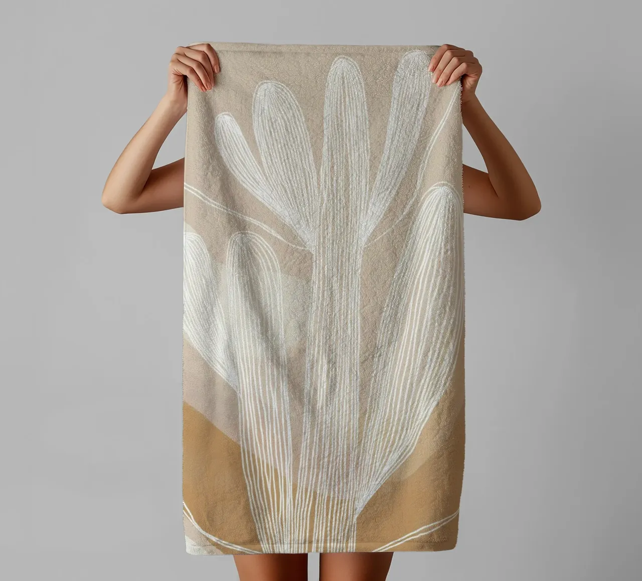Boho cactustuin | Lineart in bruin en beige badhanddoek van Autofocus