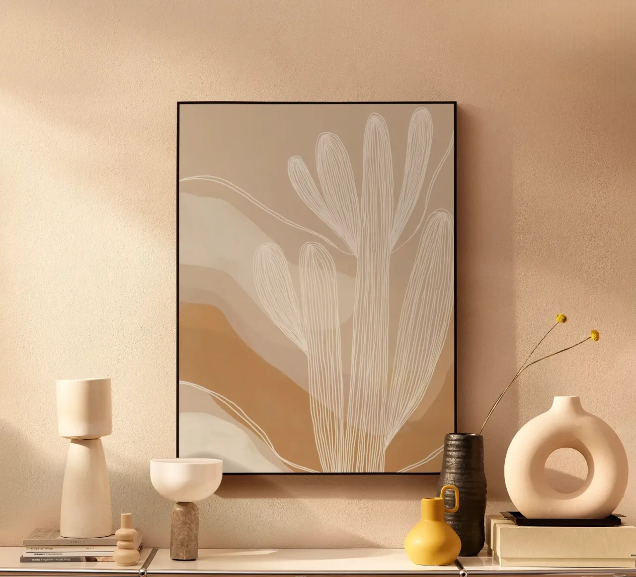 Giardino di cactus Boho | Lineart in marrone e beige alluminio dibond da Autofocus