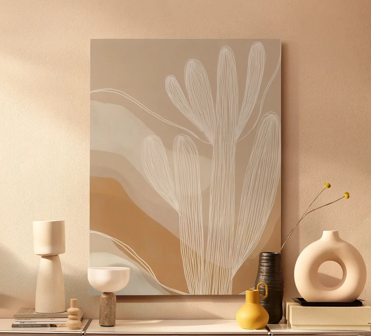 Giardino di cactus Boho | Lineart in marrone e beige alluminio dibond da Autofocus