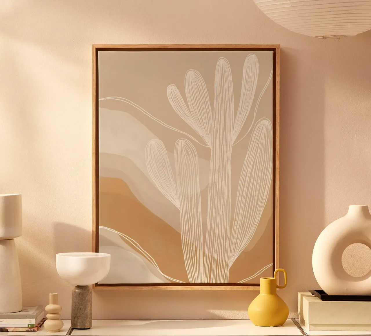 Boho cactustuin | Lineart in bruin en beige canvas van Autofocus