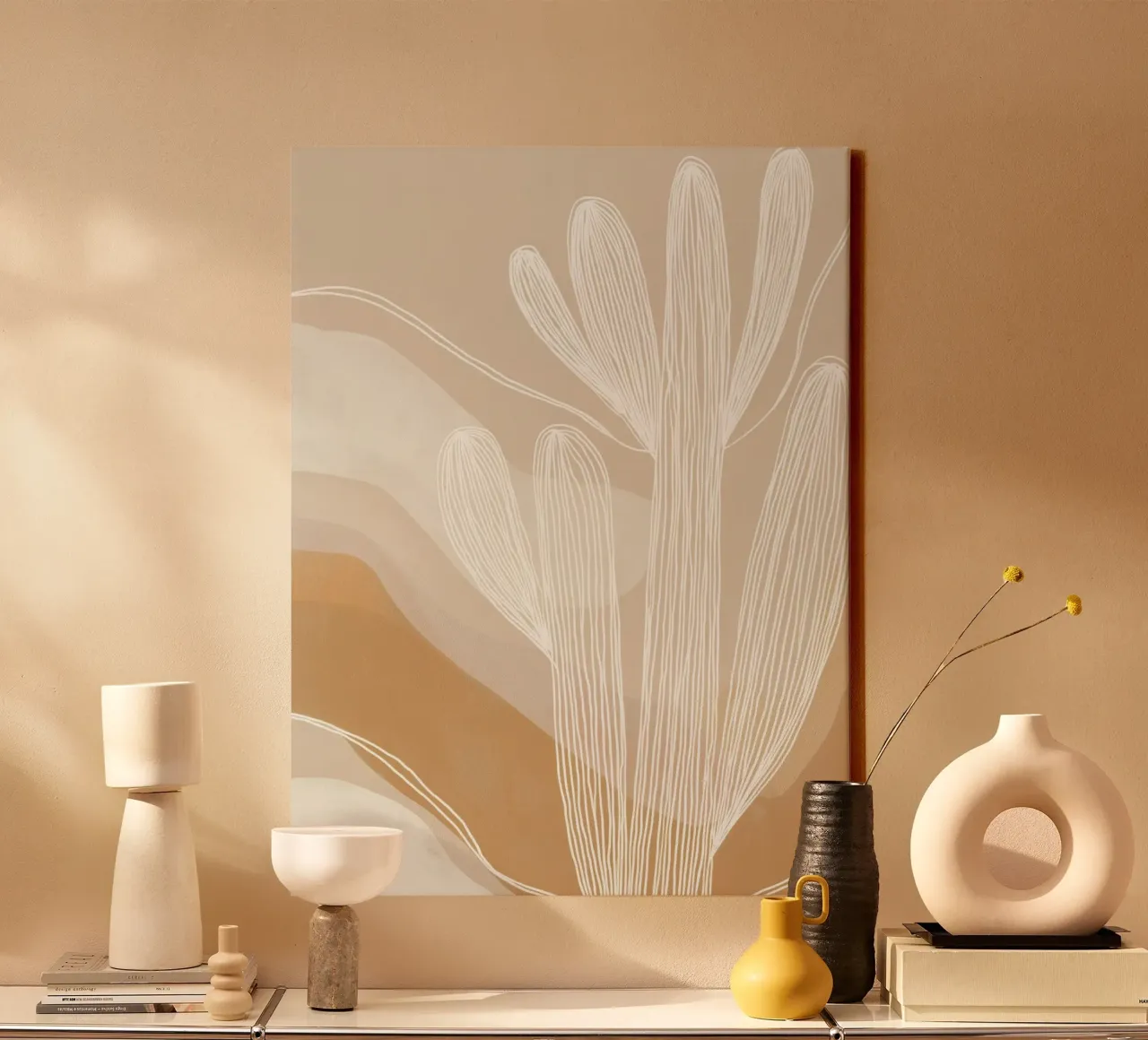 Boho cactustuin | Lineart in bruin en beige canvas van Autofocus