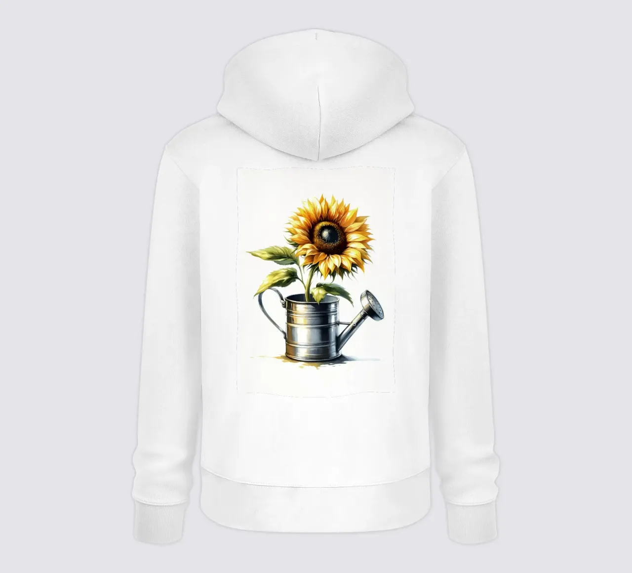 Un singolo girasole giallo in un annaffiatoio di metallo rustico felpa con cappuccio da Bloom And Brush