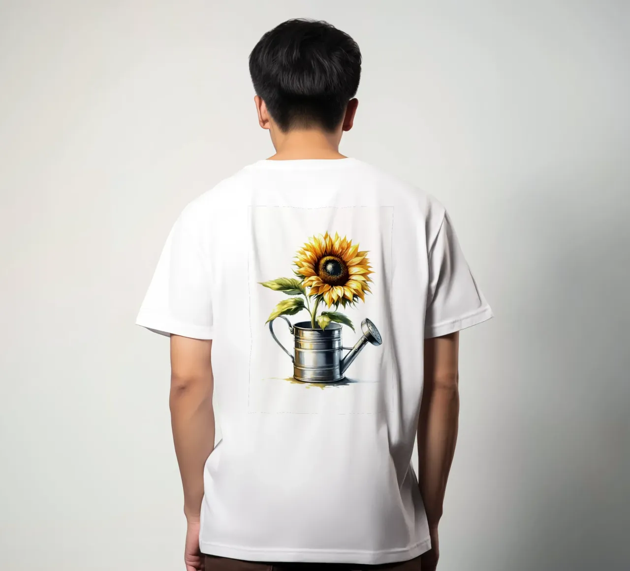 Un singolo girasole giallo in un annaffiatoio di metallo rustico t-shirt da Bloom And Brush