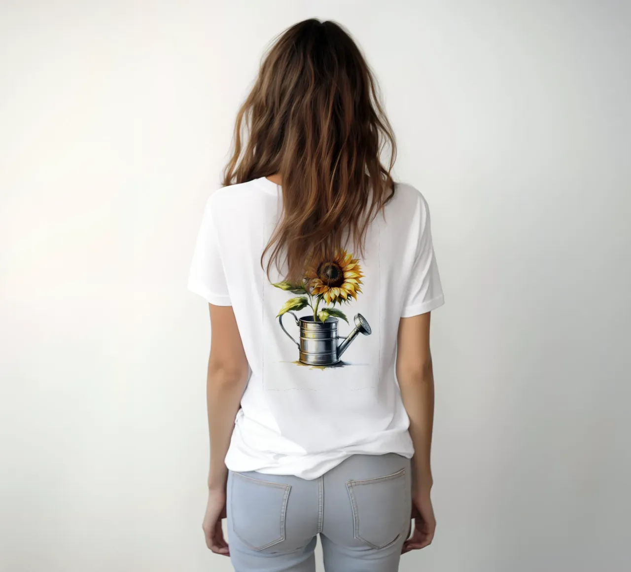 Un singolo girasole giallo in un annaffiatoio di metallo rustico t-shirt da Bloom And Brush