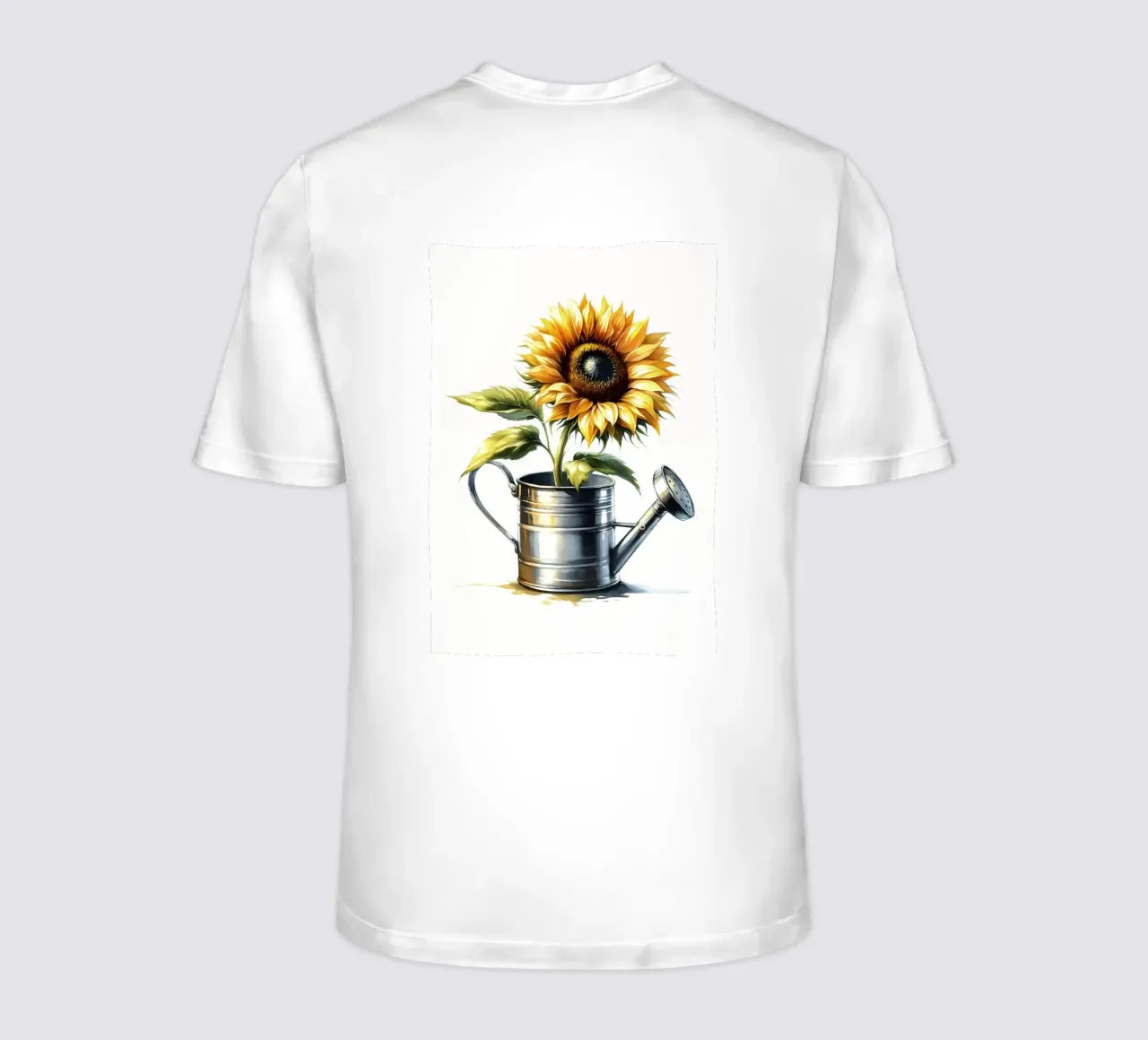 Un singolo girasole giallo in un annaffiatoio di metallo rustico t-shirt da Bloom And Brush
