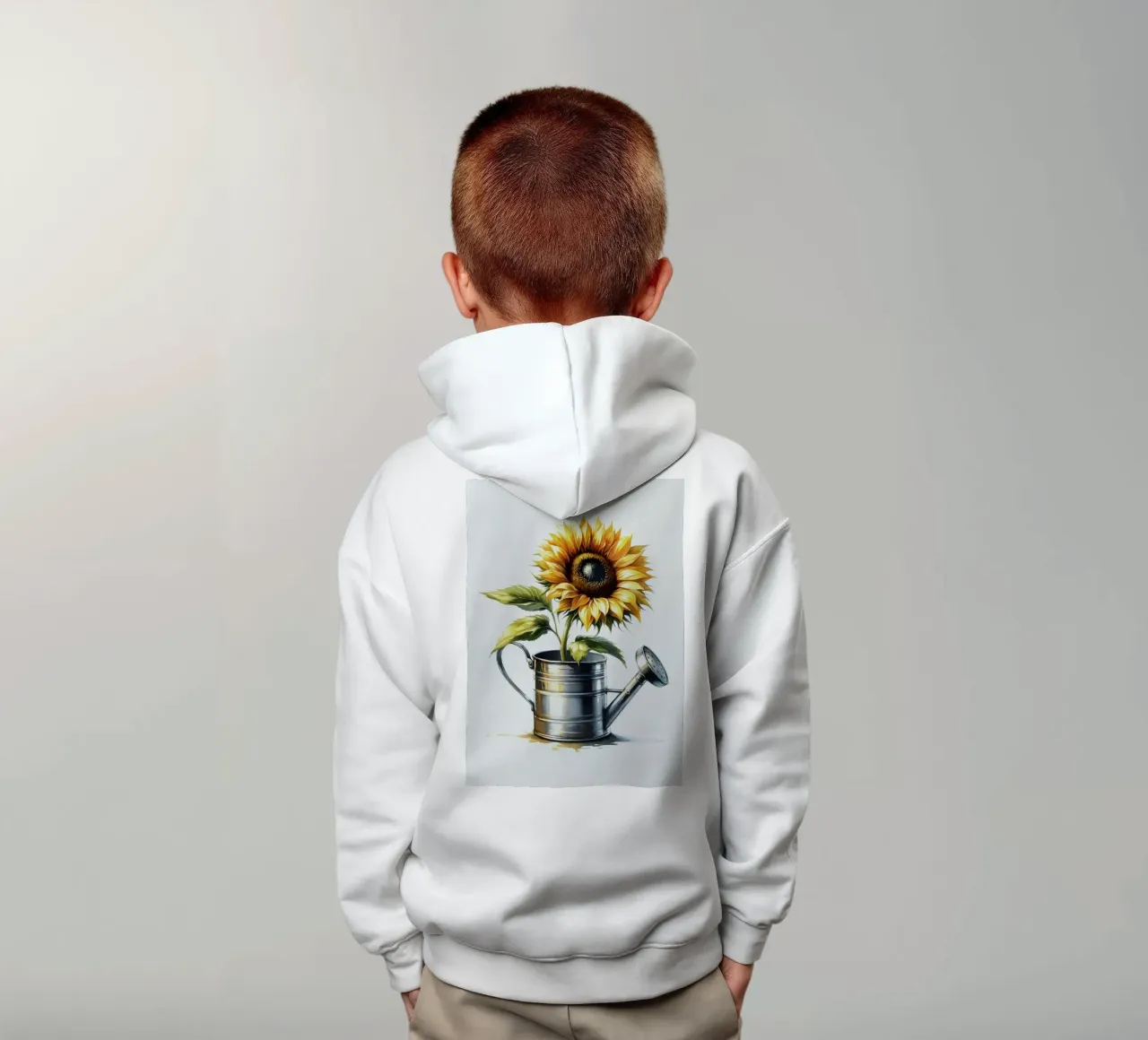 Un singolo girasole giallo in un annaffiatoio di metallo rustico felpa bambino con cappuccio da Bloom And Brush