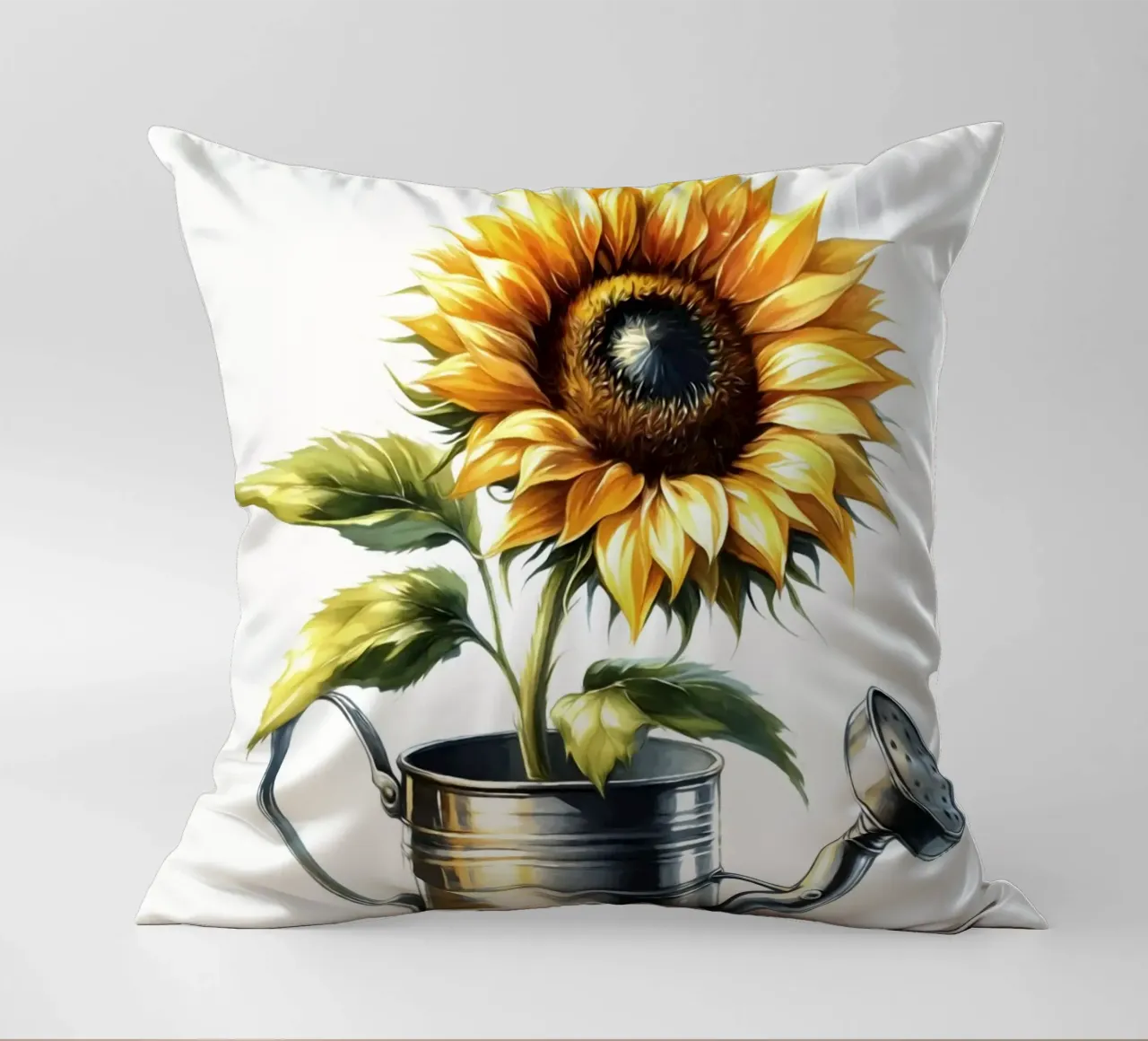 Un singolo girasole giallo in un annaffiatoio di metallo rustico cuscino da Bloom And Brush