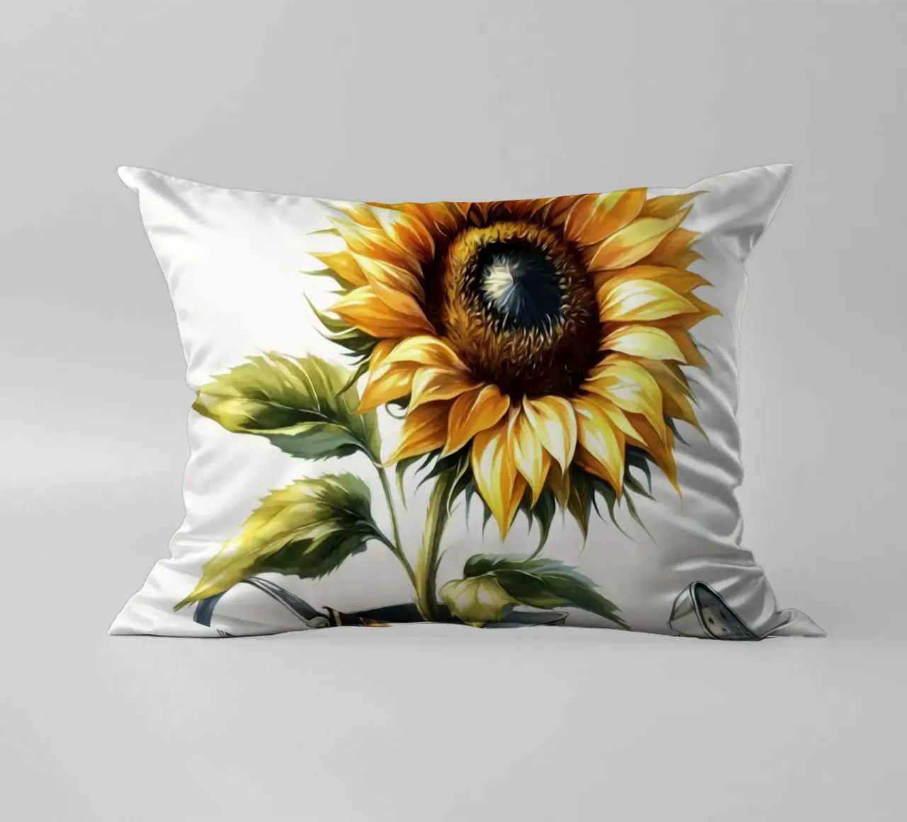 Un singolo girasole giallo in un annaffiatoio di metallo rustico cuscino da Bloom And Brush
