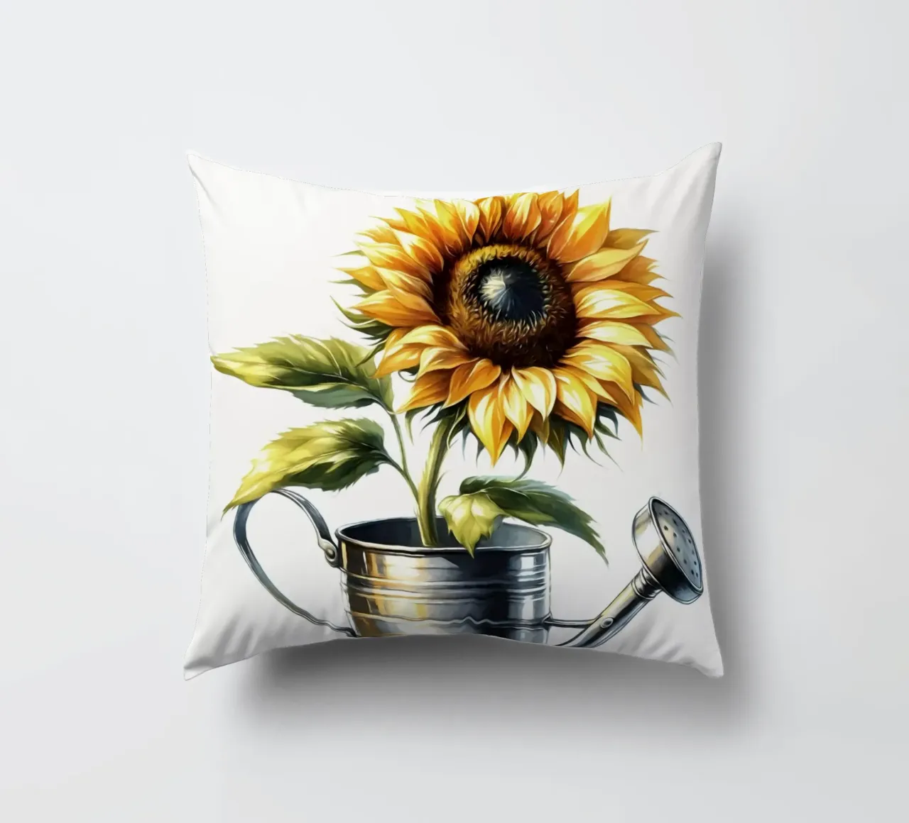 Un singolo girasole giallo in un annaffiatoio di metallo rustico cuscino da Bloom And Brush