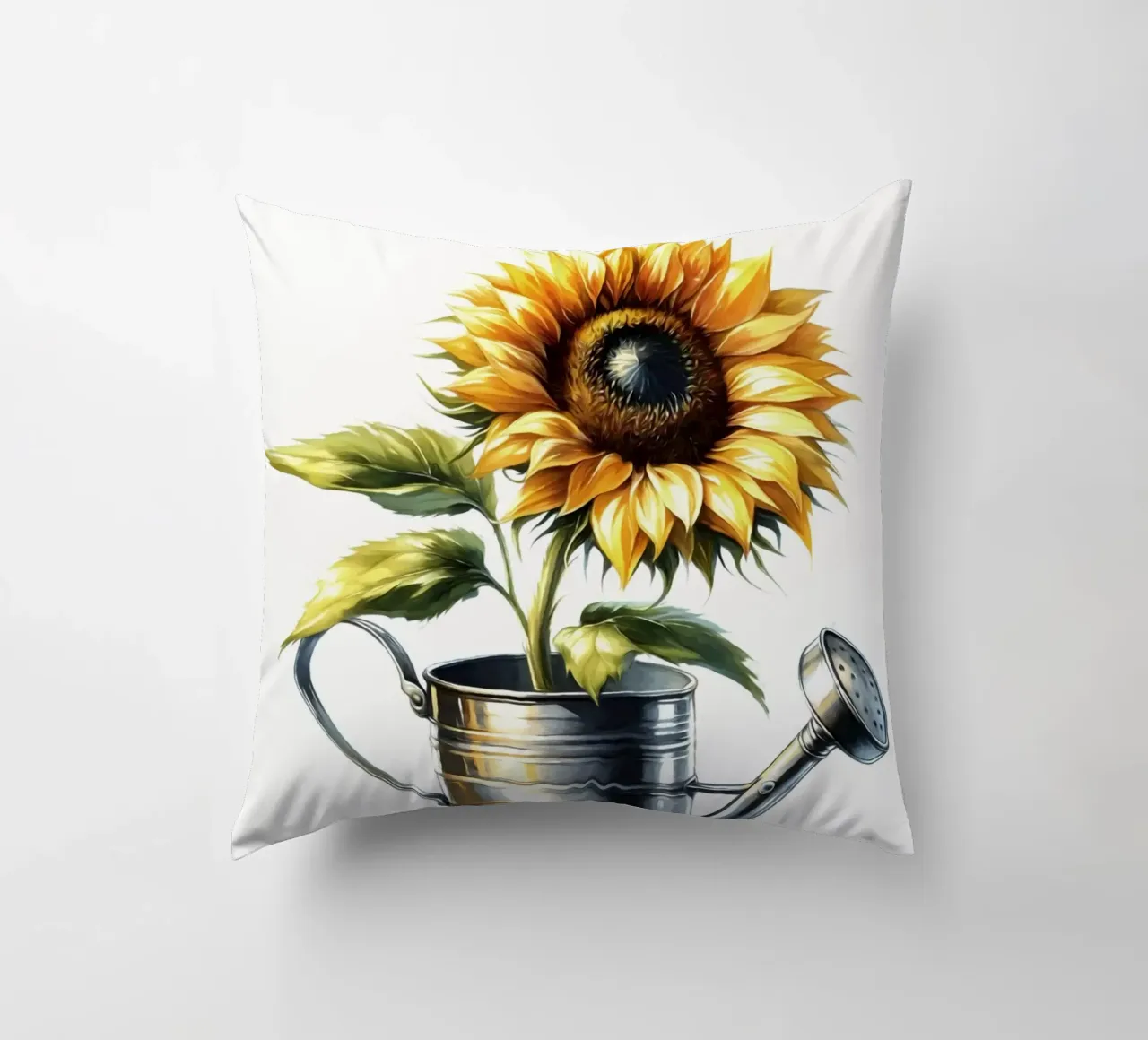 Un singolo girasole giallo in un annaffiatoio di metallo rustico cuscino da Bloom And Brush