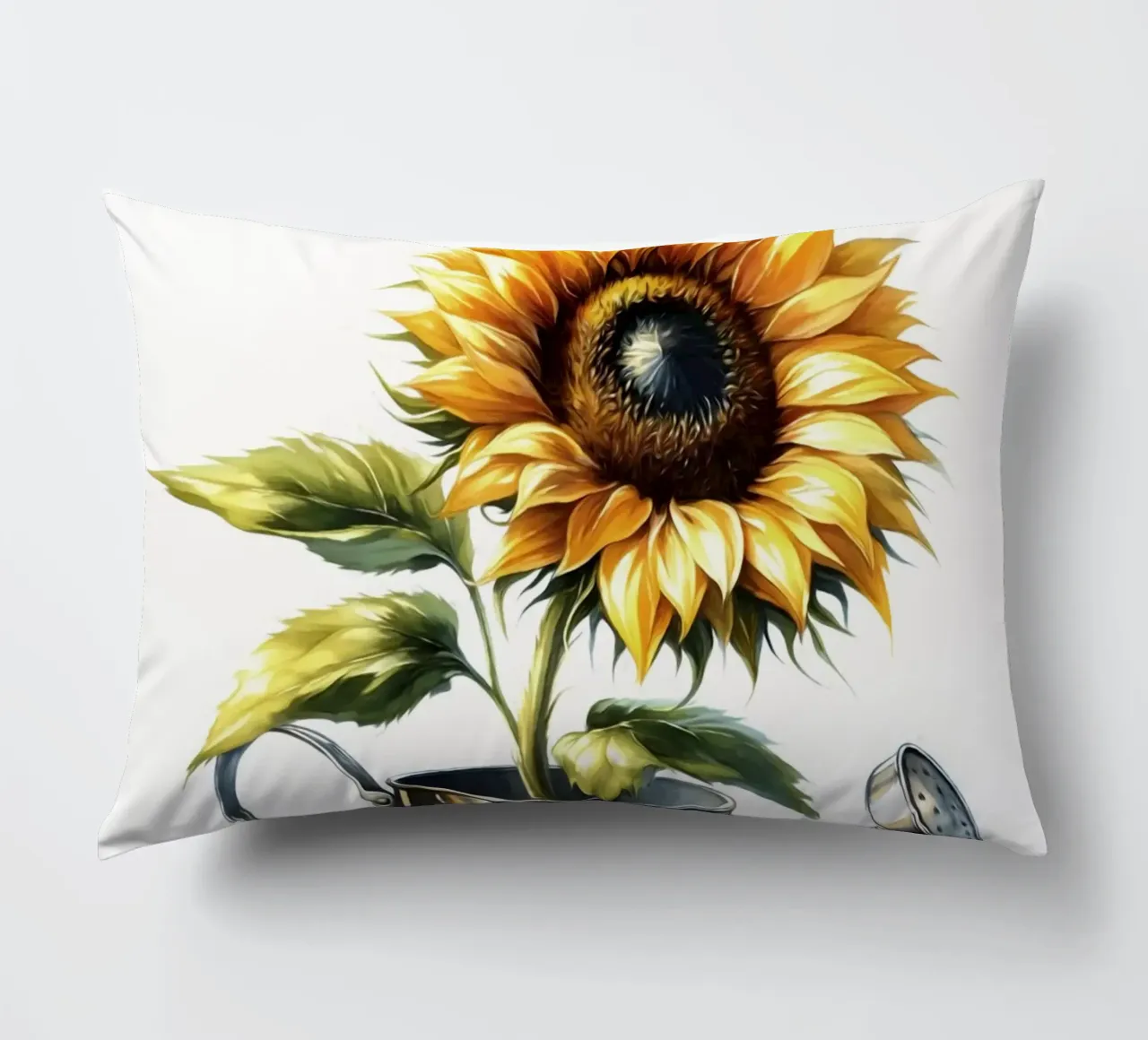 Un singolo girasole giallo in un annaffiatoio di metallo rustico cuscino da Bloom And Brush