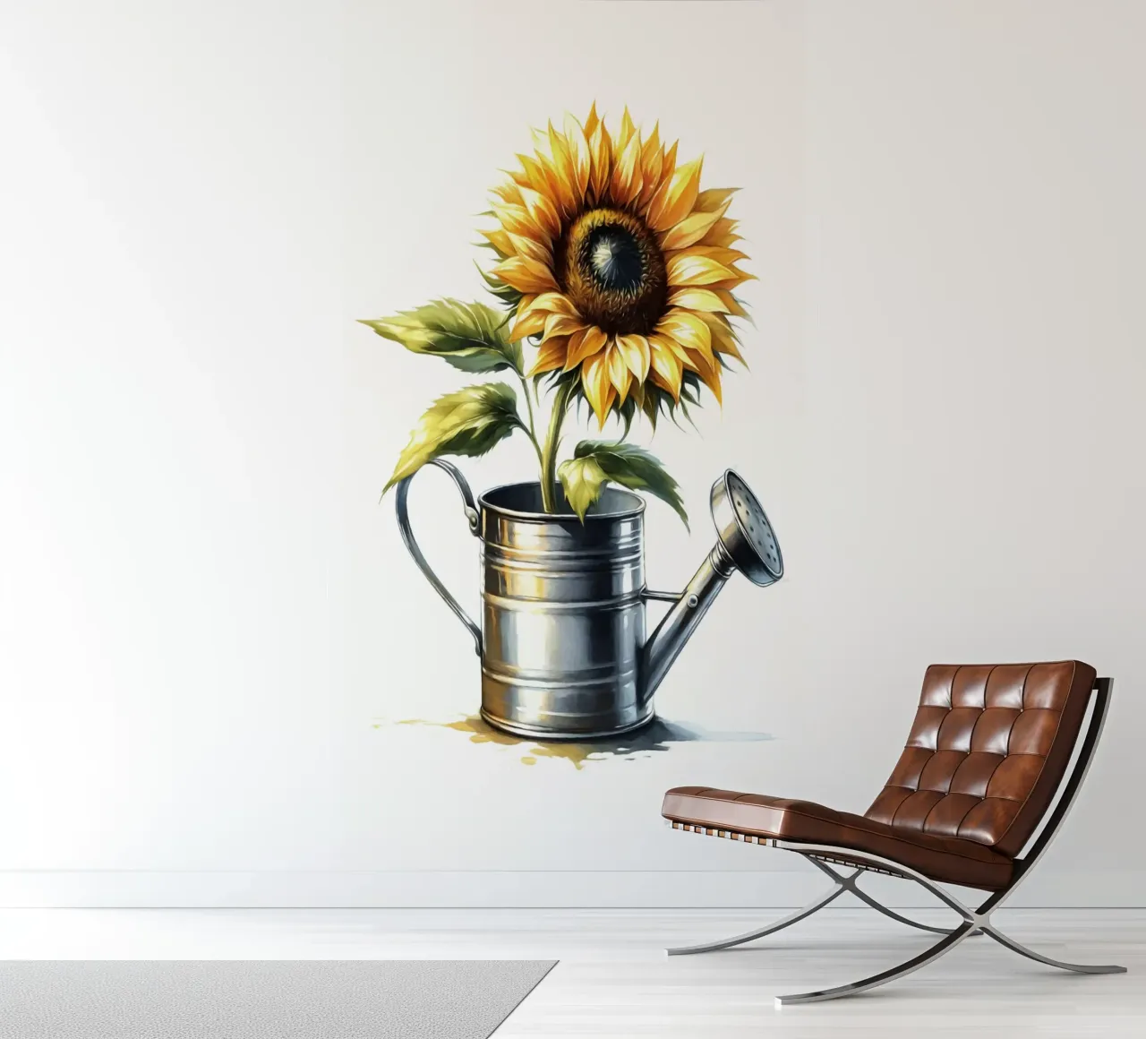 Un seul tournesol jaune dans un arrosoir rustique en métal papier peint photo de Bloom And Brush