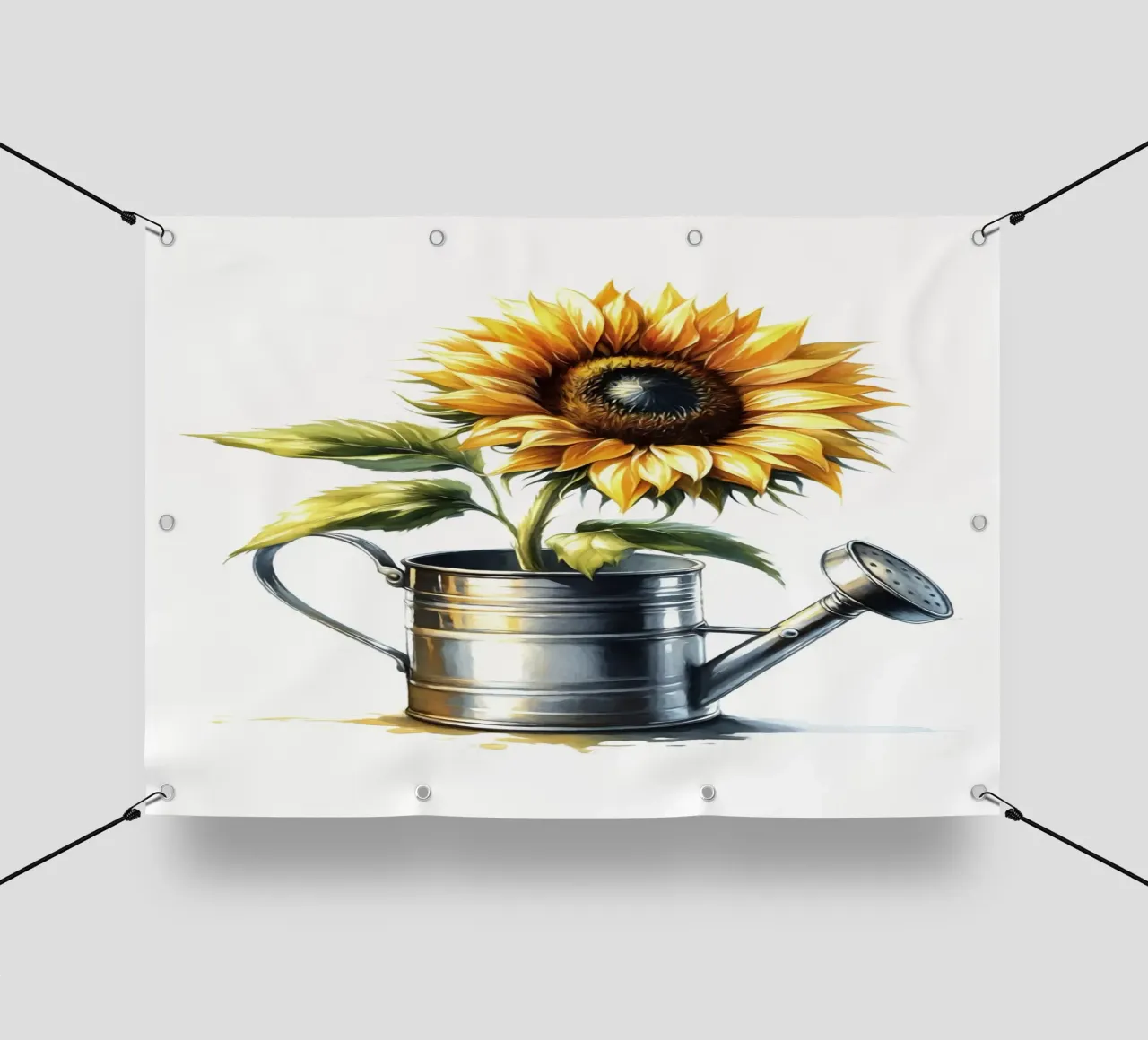 Un singolo girasole giallo in un annaffiatoio di metallo rustico telo in pvc da Bloom And Brush