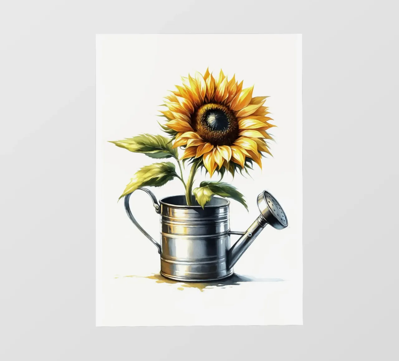 Un singolo girasole giallo in un annaffiatoio di metallo rustico telo in pvc da Bloom And Brush