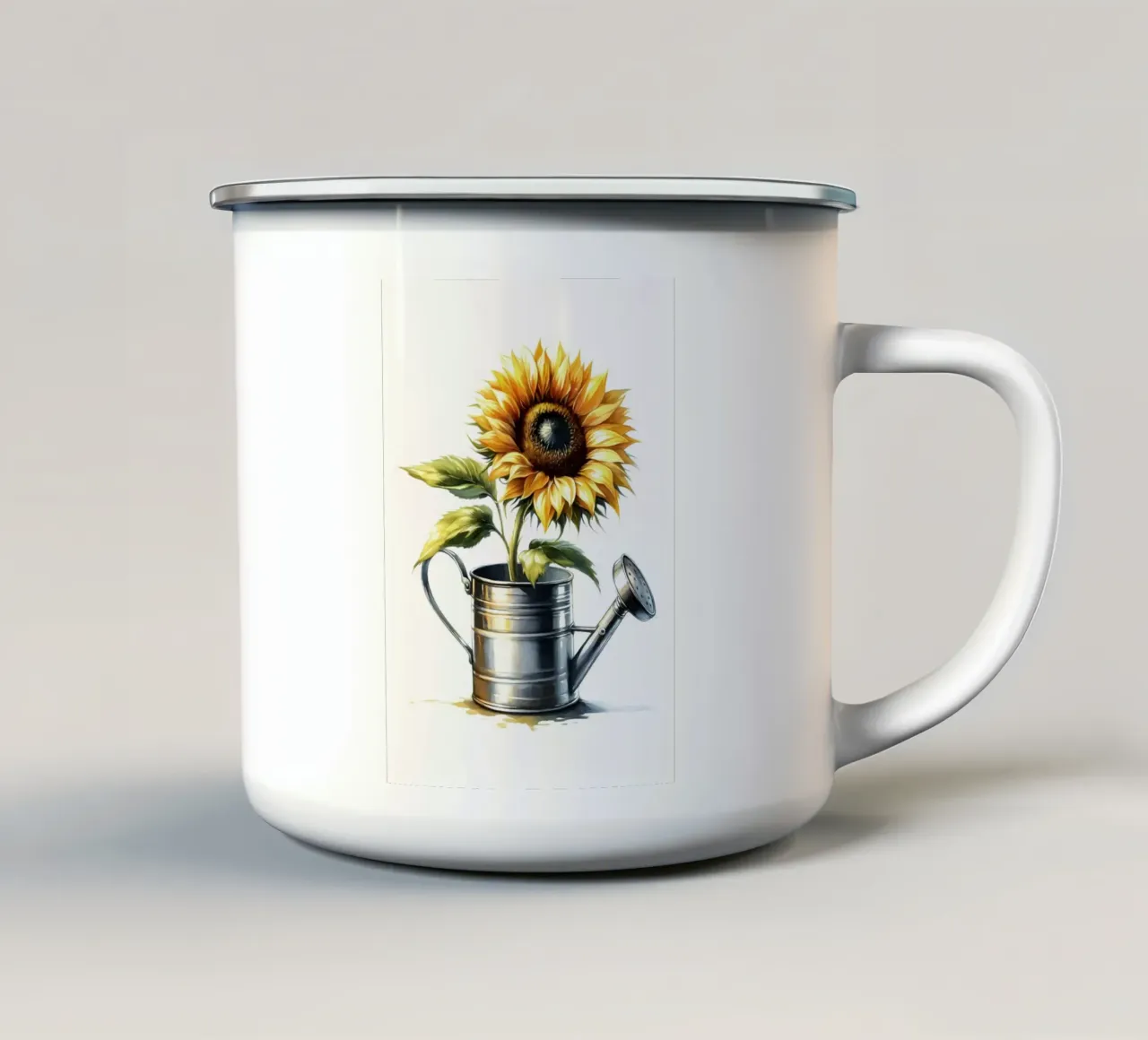 Un singolo girasole giallo in un annaffiatoio di metallo rustico tazza in smalto da Bloom And Brush