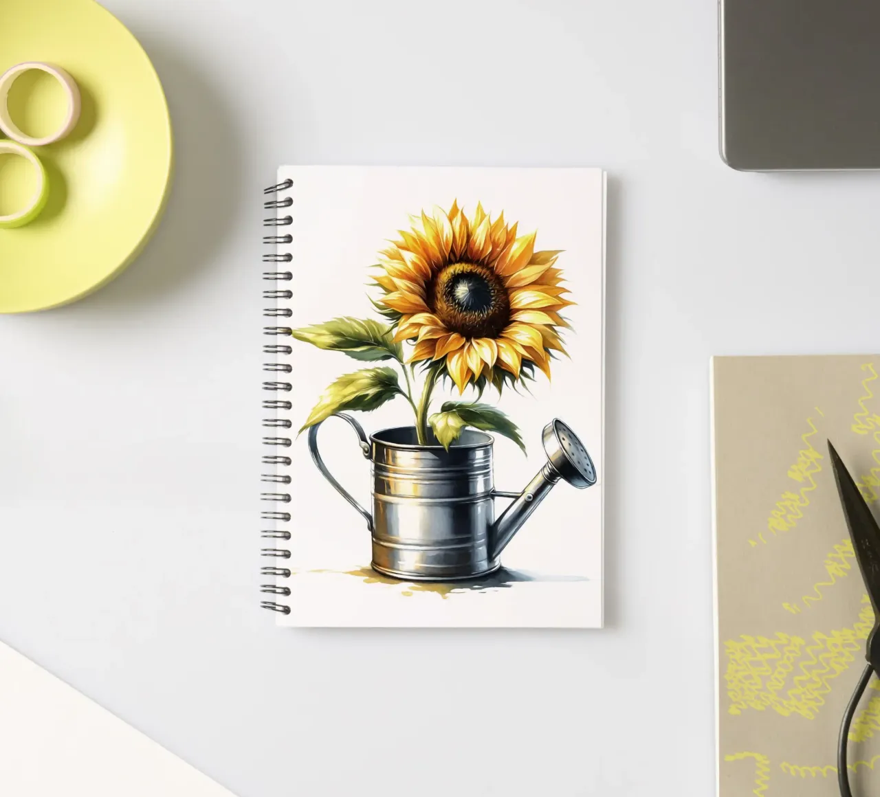 Un seul tournesol jaune dans un arrosoir rustique en métal carnet à spirale de Bloom And Brush