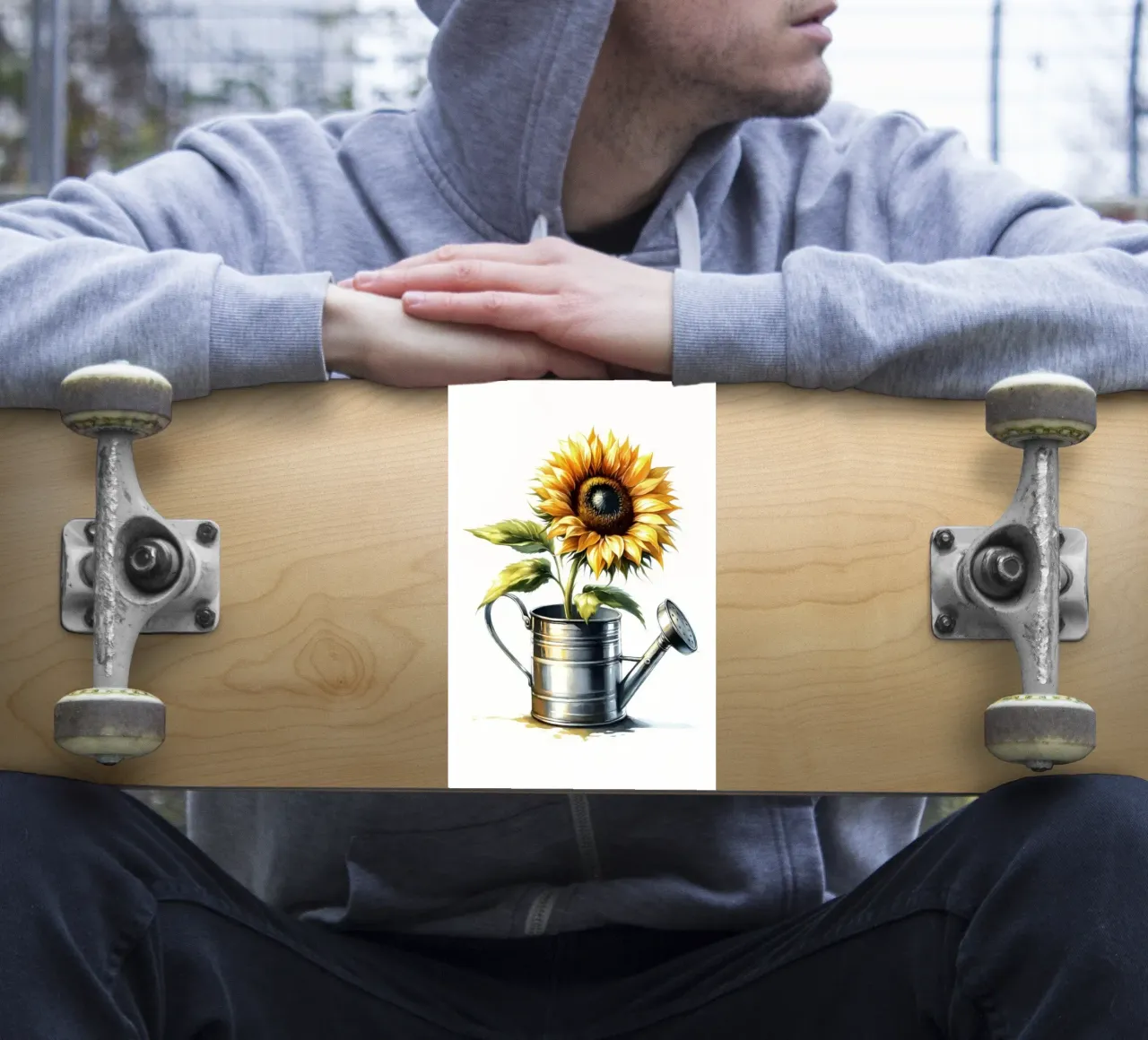 Un seul tournesol jaune dans un arrosoir rustique en métal autocollant de Bloom And Brush
