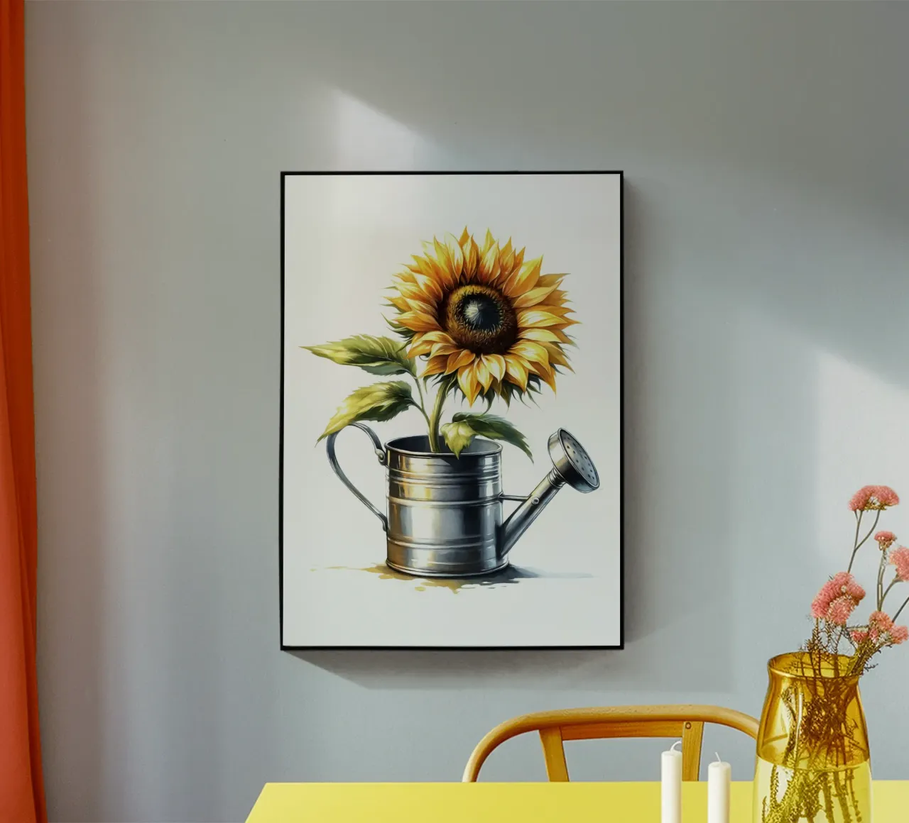 Un singolo girasole giallo in un annaffiatoio di metallo rustico plexiglass da Bloom And Brush