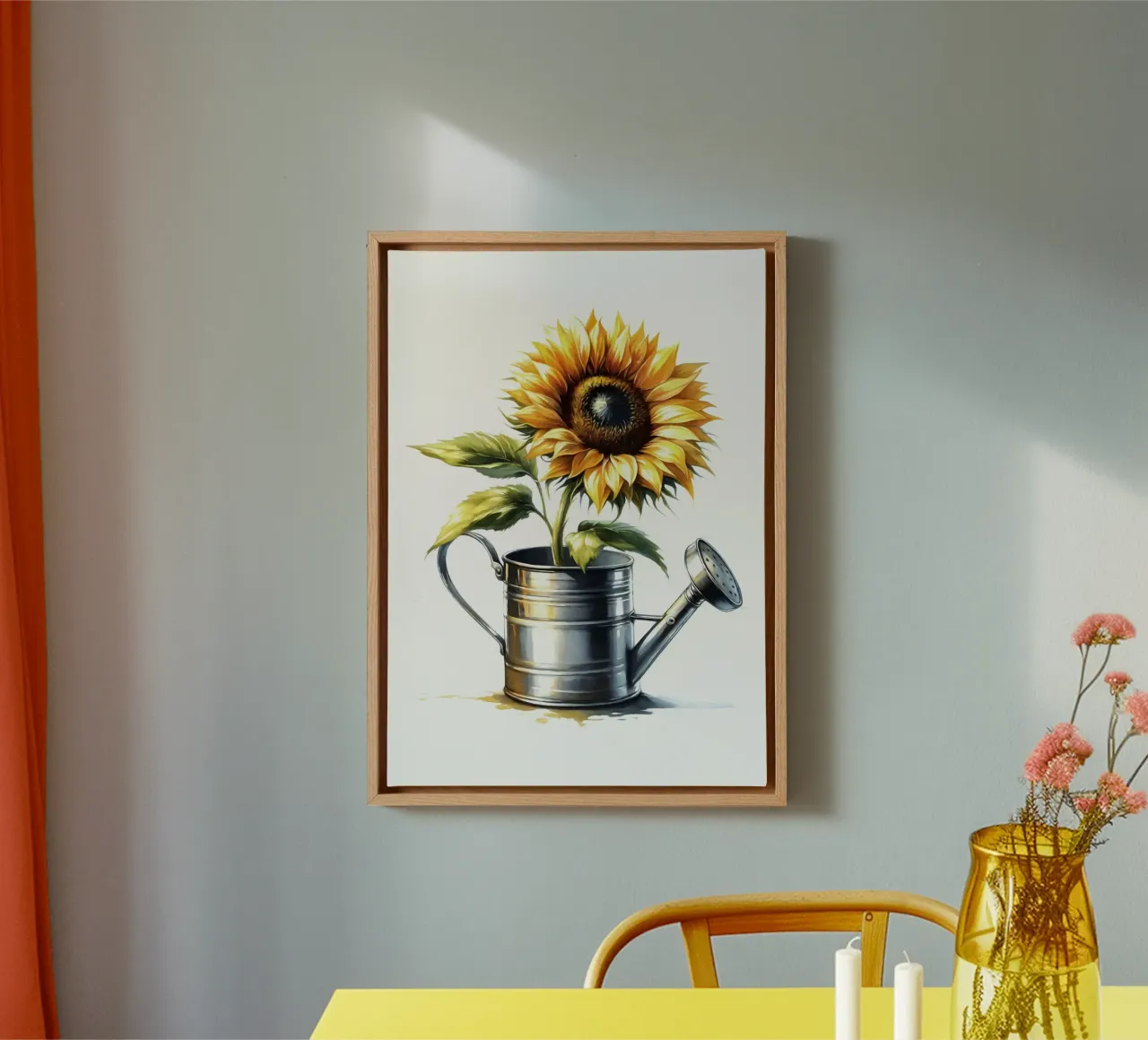 Un seul tournesol jaune dans un arrosoir rustique en métal toile de Bloom And Brush