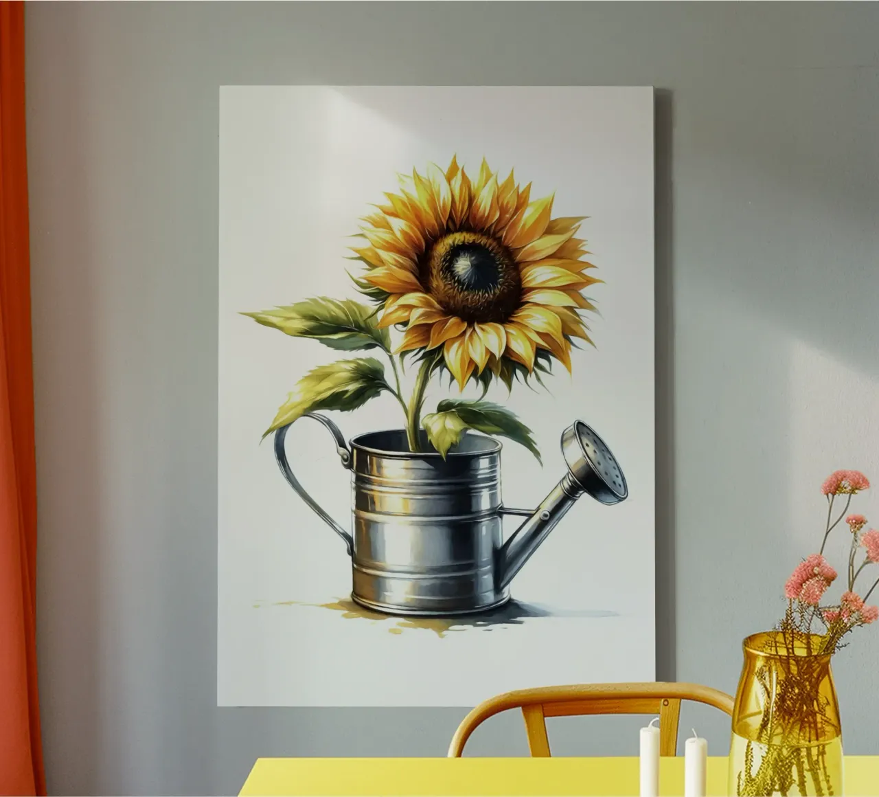Un seul tournesol jaune dans un arrosoir rustique en métal toile de Bloom And Brush