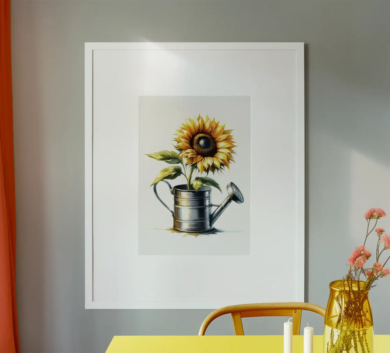 Un singolo girasole giallo in un annaffiatoio di metallo rustico carta hahnemühle da Bloom And Brush