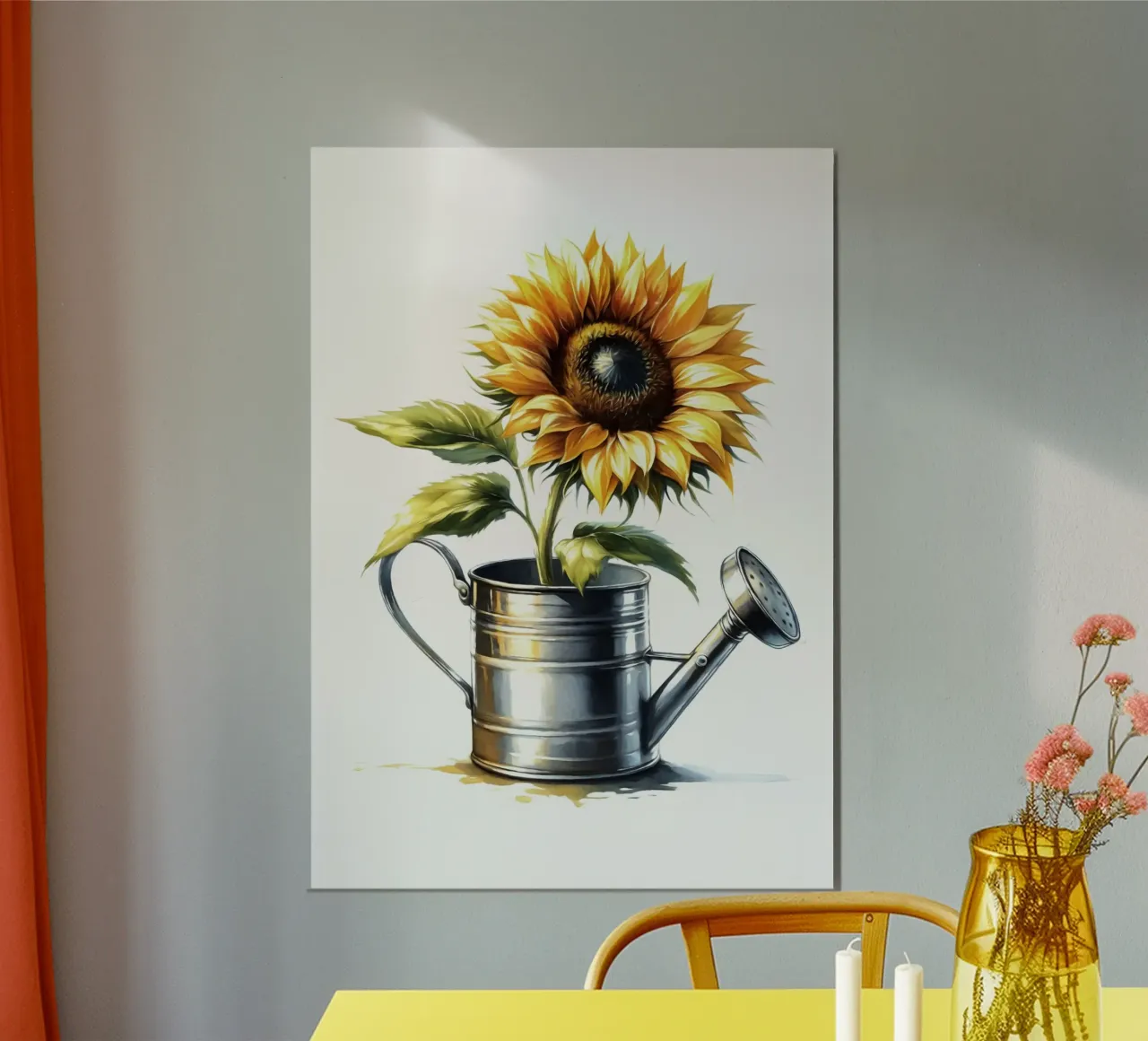 Un singolo girasole giallo in un annaffiatoio di metallo rustico carta hahnemühle da Bloom And Brush