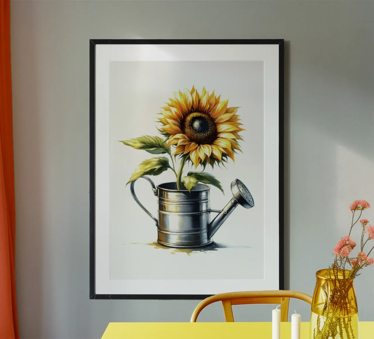 Un singolo girasole giallo in un annaffiatoio di metallo rustico carta hahnemühle da Bloom And Brush