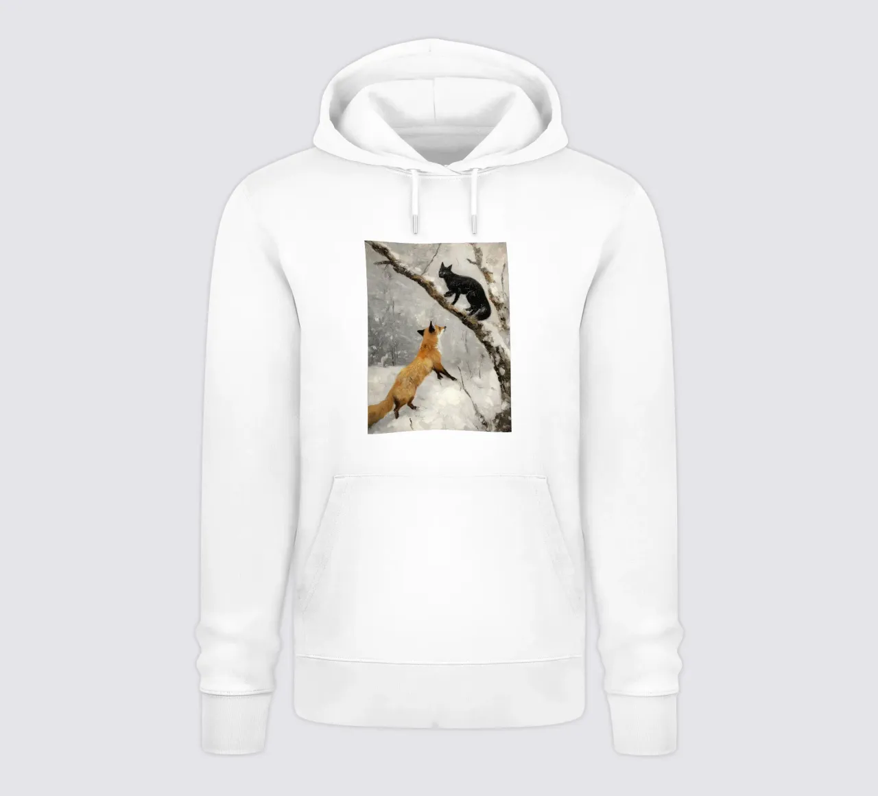 Volpe rossa e gatto nero nella foresta invernale innevata felpa con cappuccio da Cozy Vibes