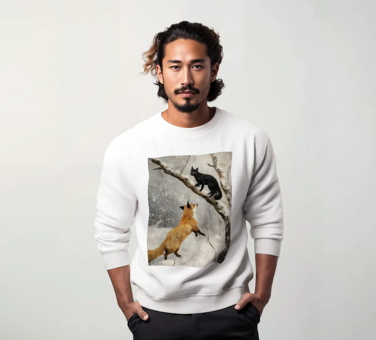Volpe rossa e gatto nero nella foresta invernale innevata felpa da Cozy Vibes