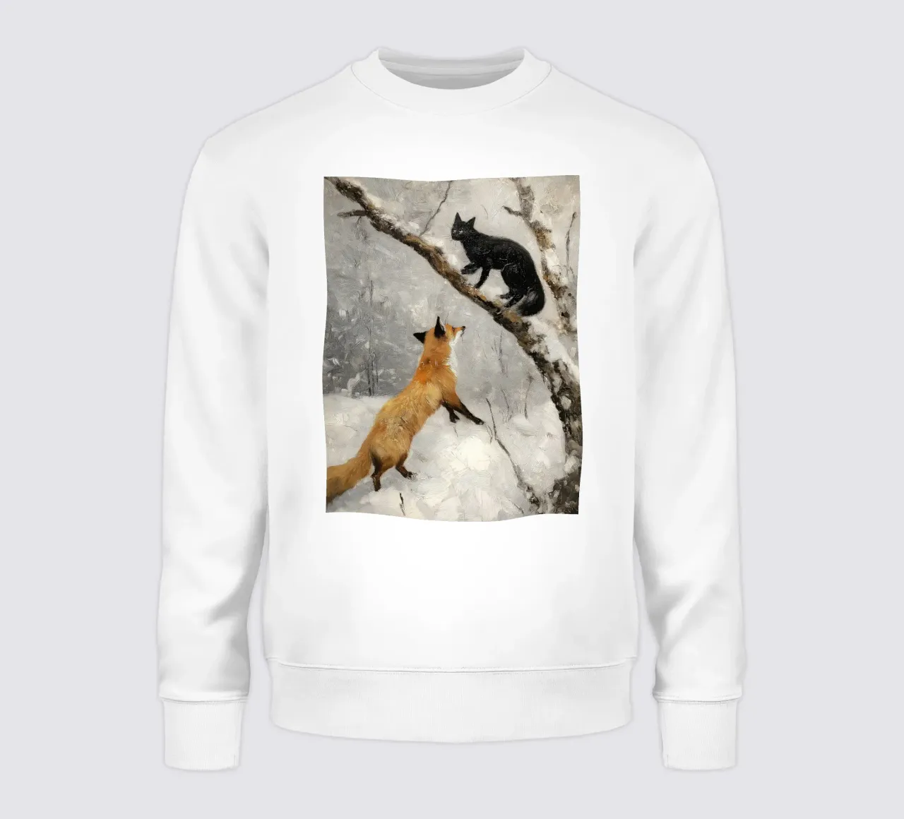 Volpe rossa e gatto nero nella foresta invernale innevata felpa da Cozy Vibes