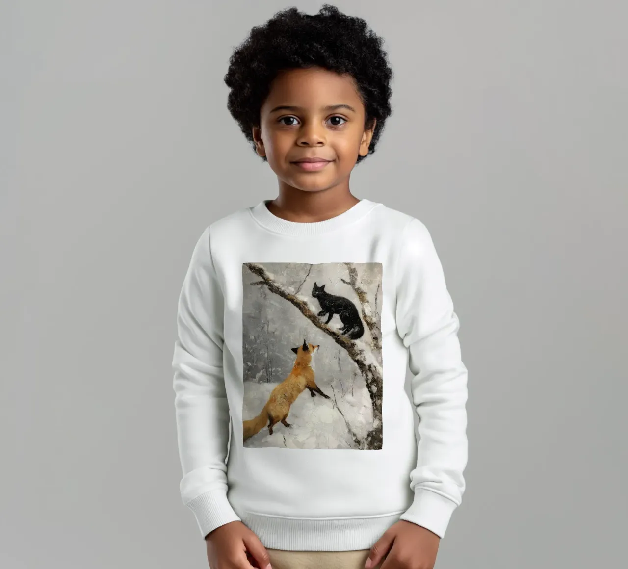Volpe rossa e gatto nero nella foresta invernale innevata felpa bambino da Cozy Vibes
