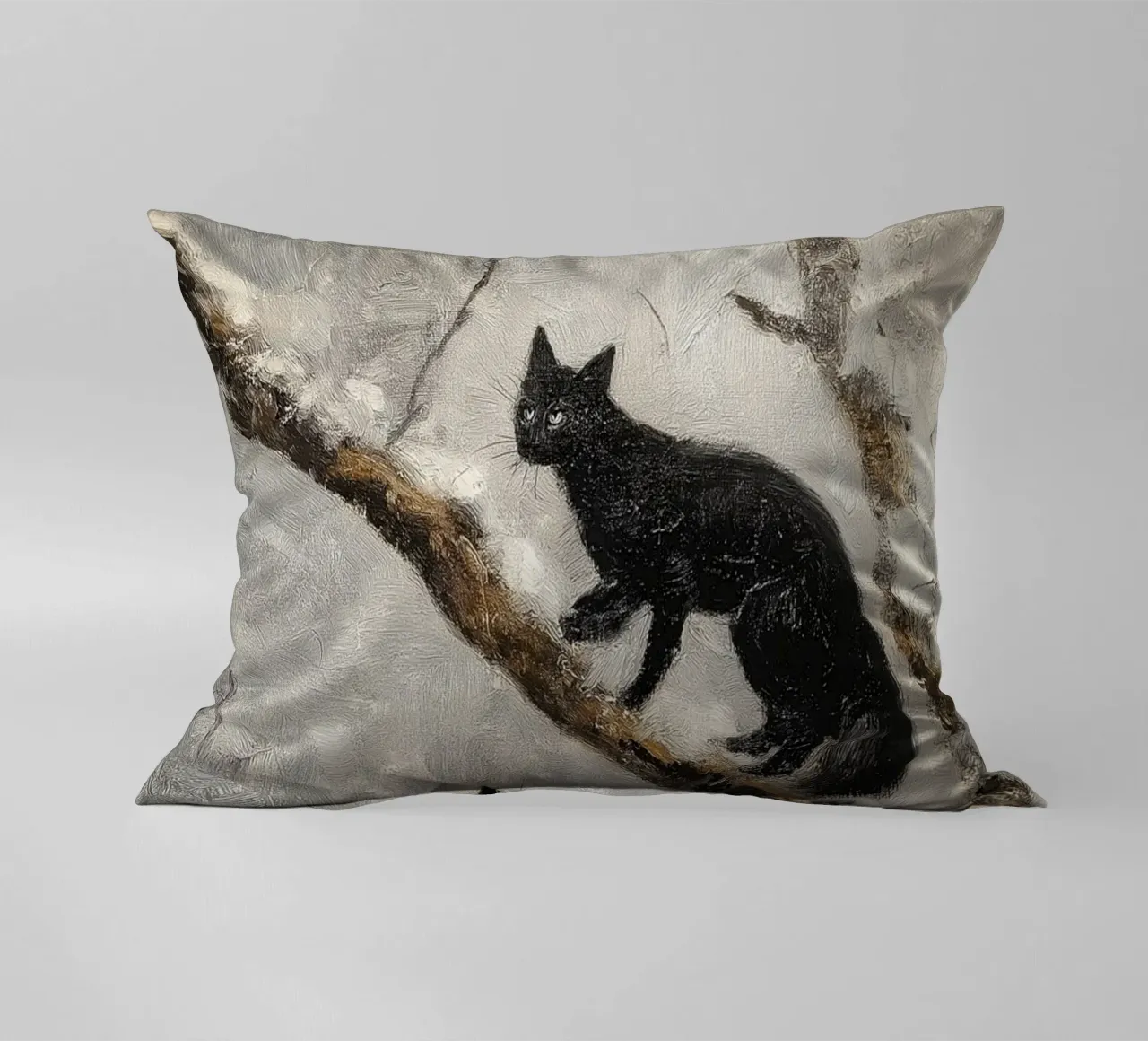 Volpe rossa e gatto nero nella foresta invernale innevata cuscino da Cozy Vibes