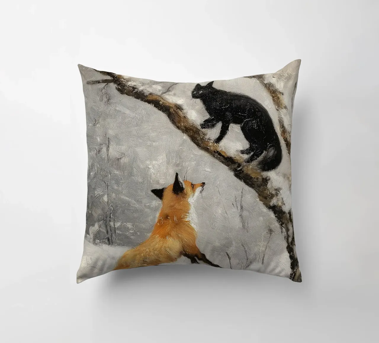 Volpe rossa e gatto nero nella foresta invernale innevata cuscino da Cozy Vibes