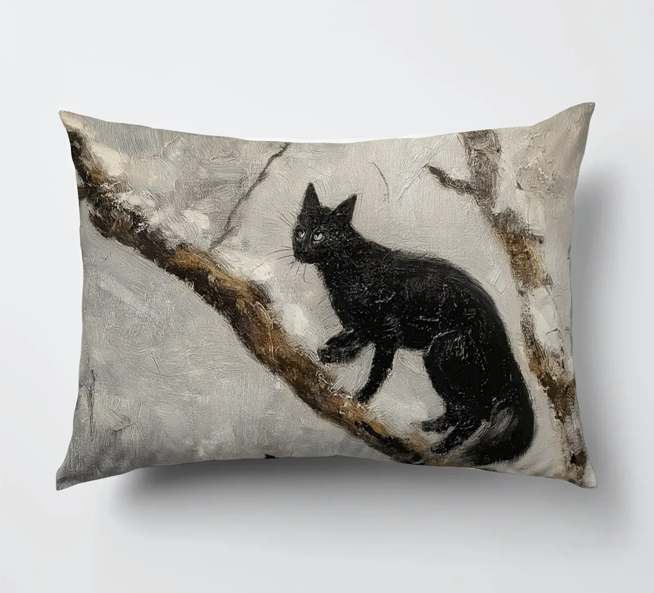 Volpe rossa e gatto nero nella foresta invernale innevata cuscino da Cozy Vibes