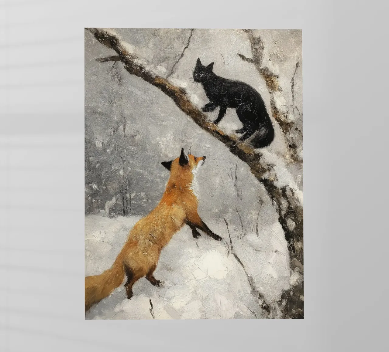 Volpe rossa e gatto nero nella foresta invernale innevata pellicola backlit da Cozy Vibes