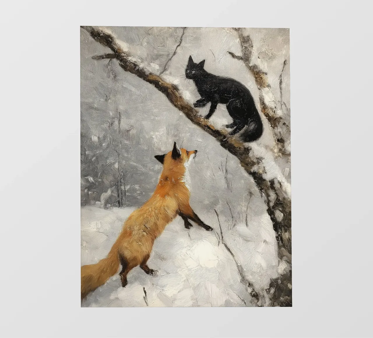 Volpe rossa e gatto nero nella foresta invernale innevata pellicola backlit da Cozy Vibes