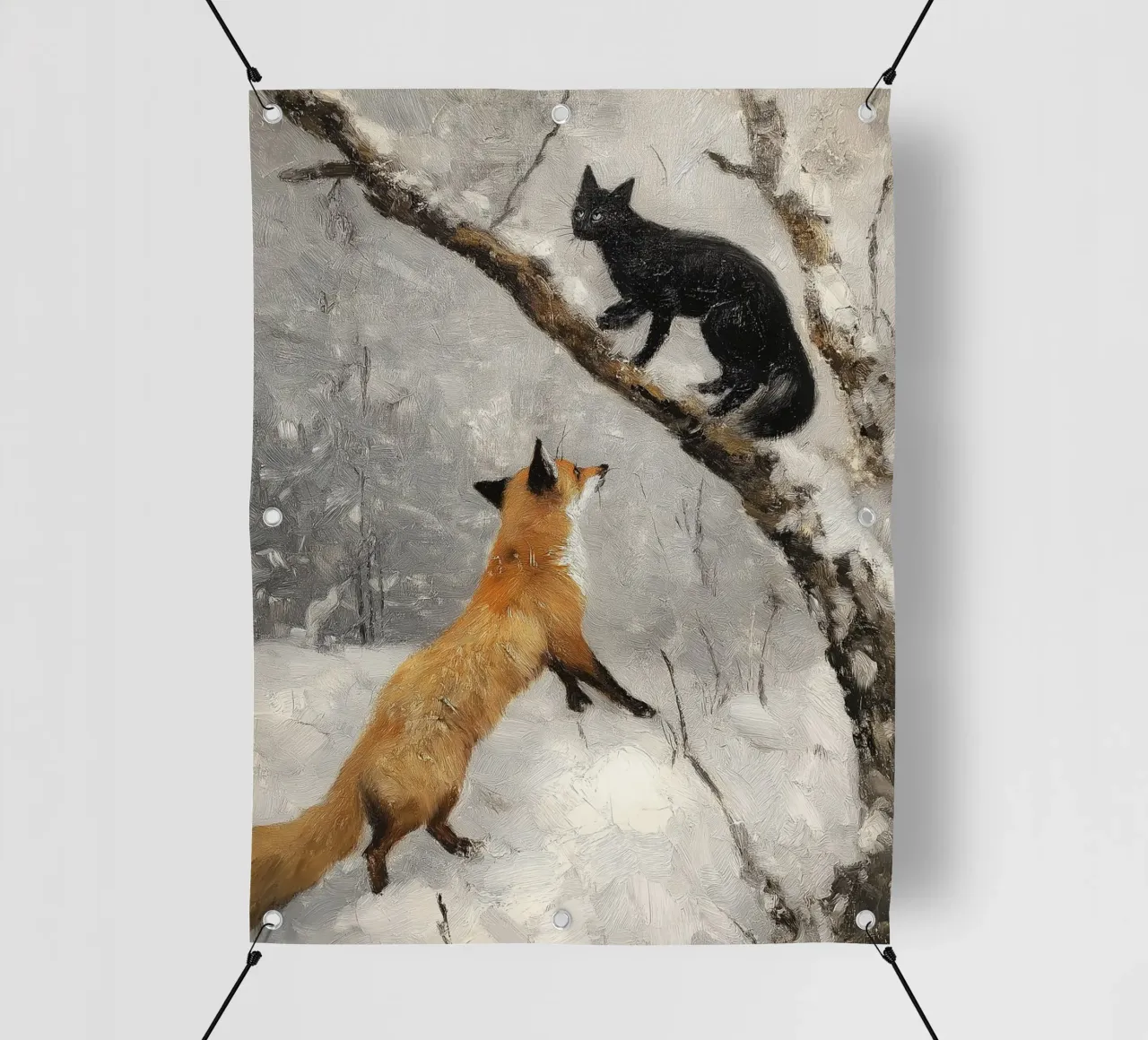 Volpe rossa e gatto nero nella foresta invernale innevata telo in pvc da Cozy Vibes